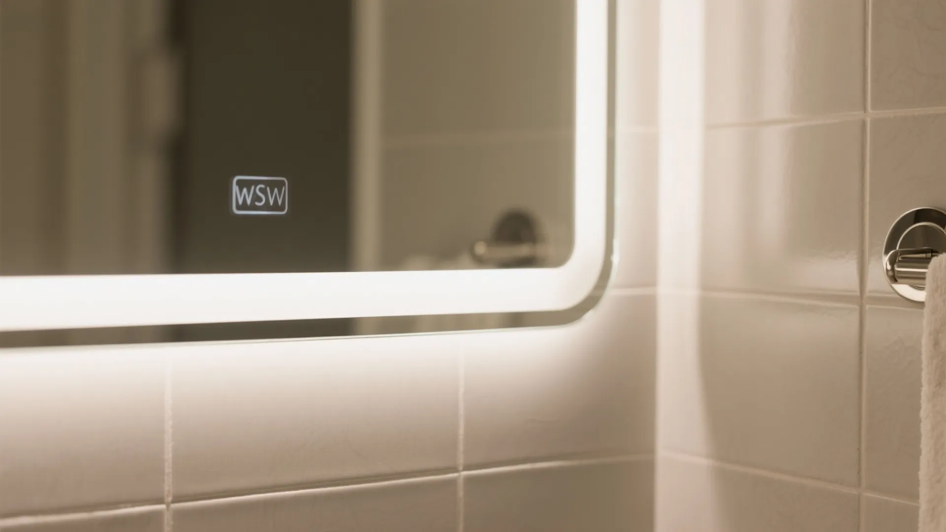 Bathroom mirror with built in LED light strip mounted on beige wall tiles near metal towel