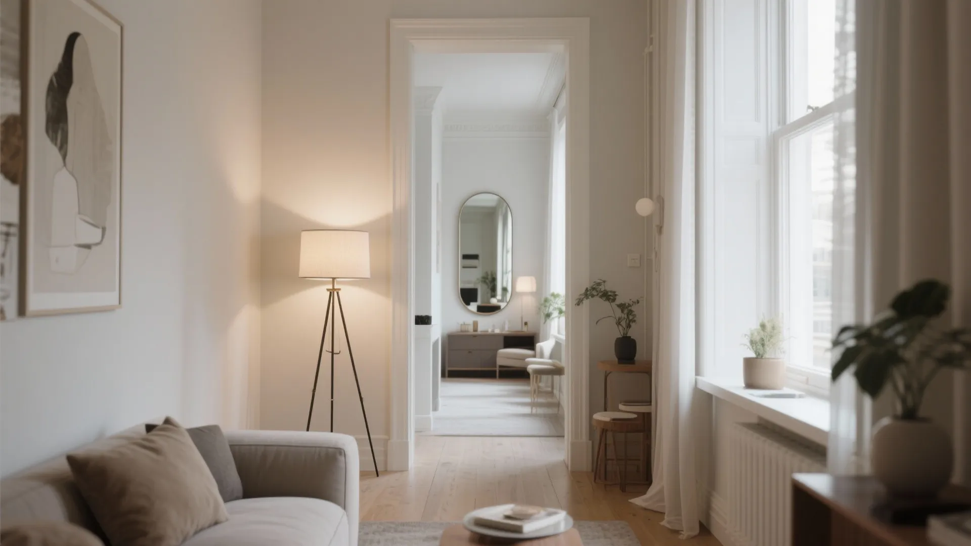 Mirror and lamp enhancing light in narrow living room