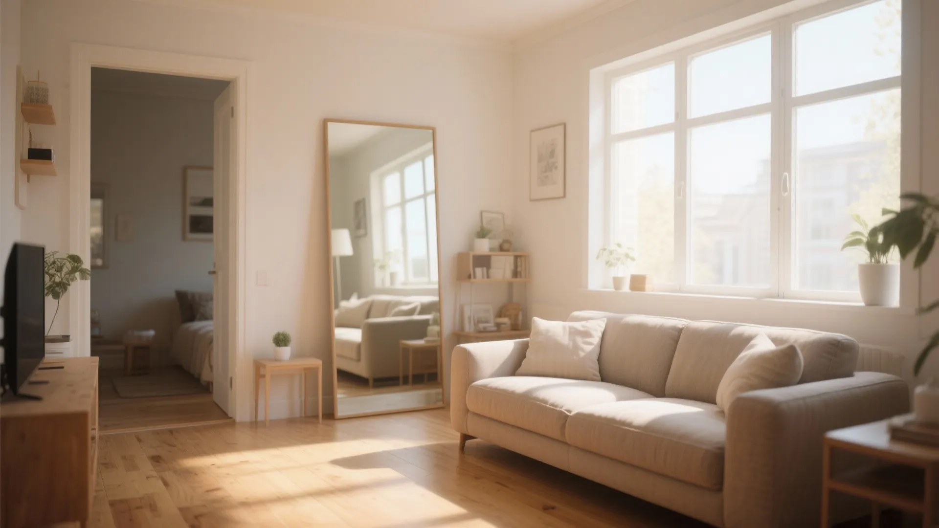 Bright living room with cream sofa floor mirror reflecting light large windows and wooden floor design