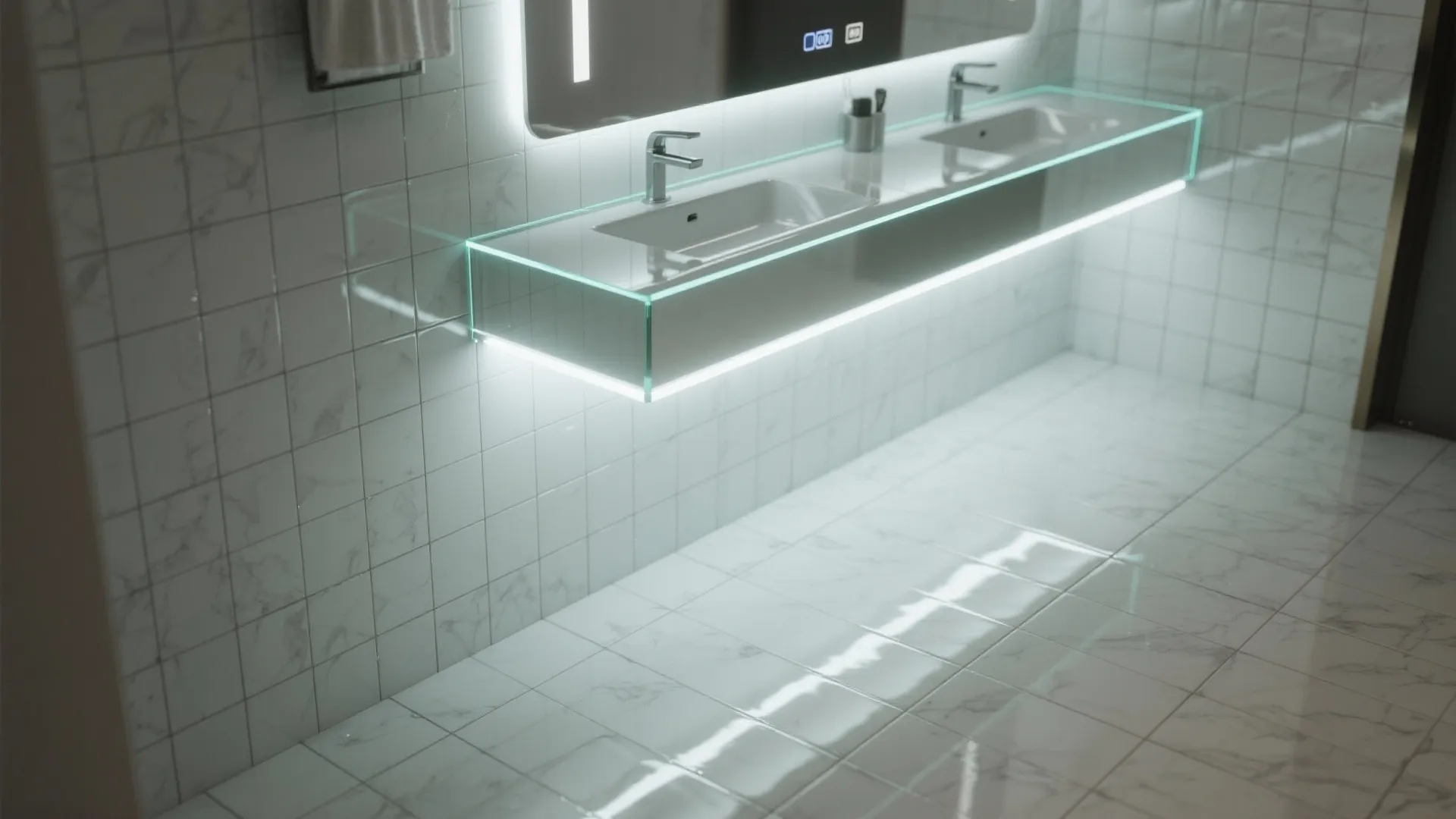 Backlit vanity mirror and continuous flooring creating depth and flow in a small bathroom.