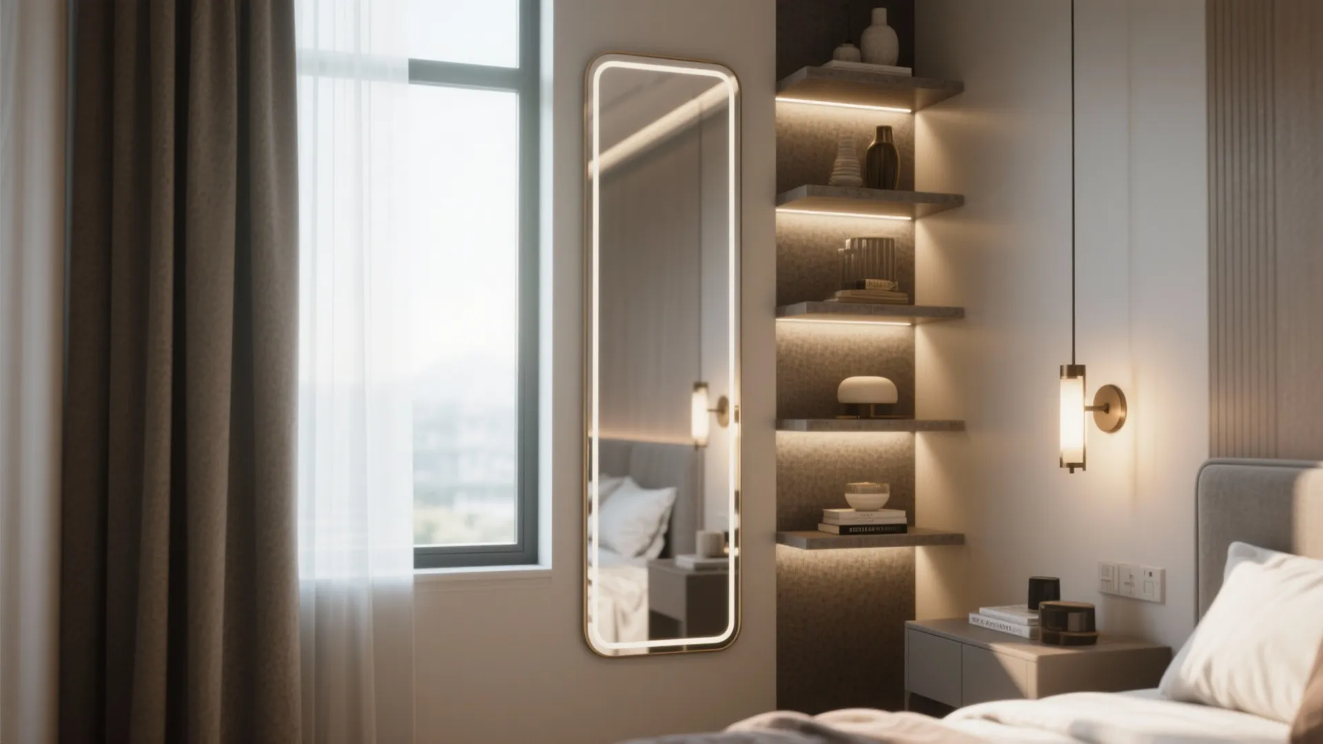 Close-up of a slim mirror, tall narrow shelving, and a wall sconce amplifying light in a small bedroom.
