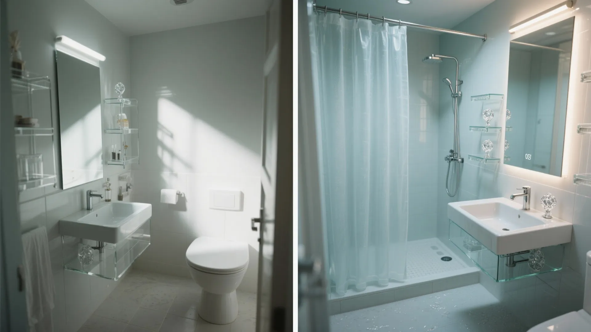 Before and after comparison of a small bathroom interior design from toilet to shower area