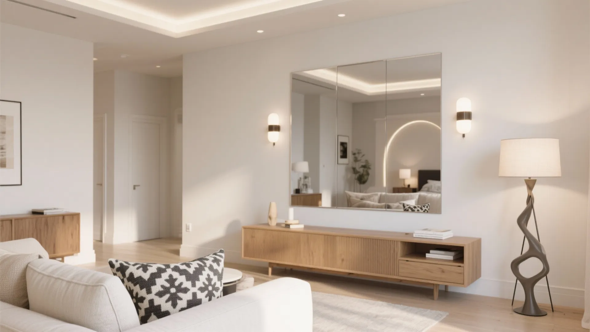 Bright living room with wooden cabinet large wall mirror white sofa and tall floor lamp