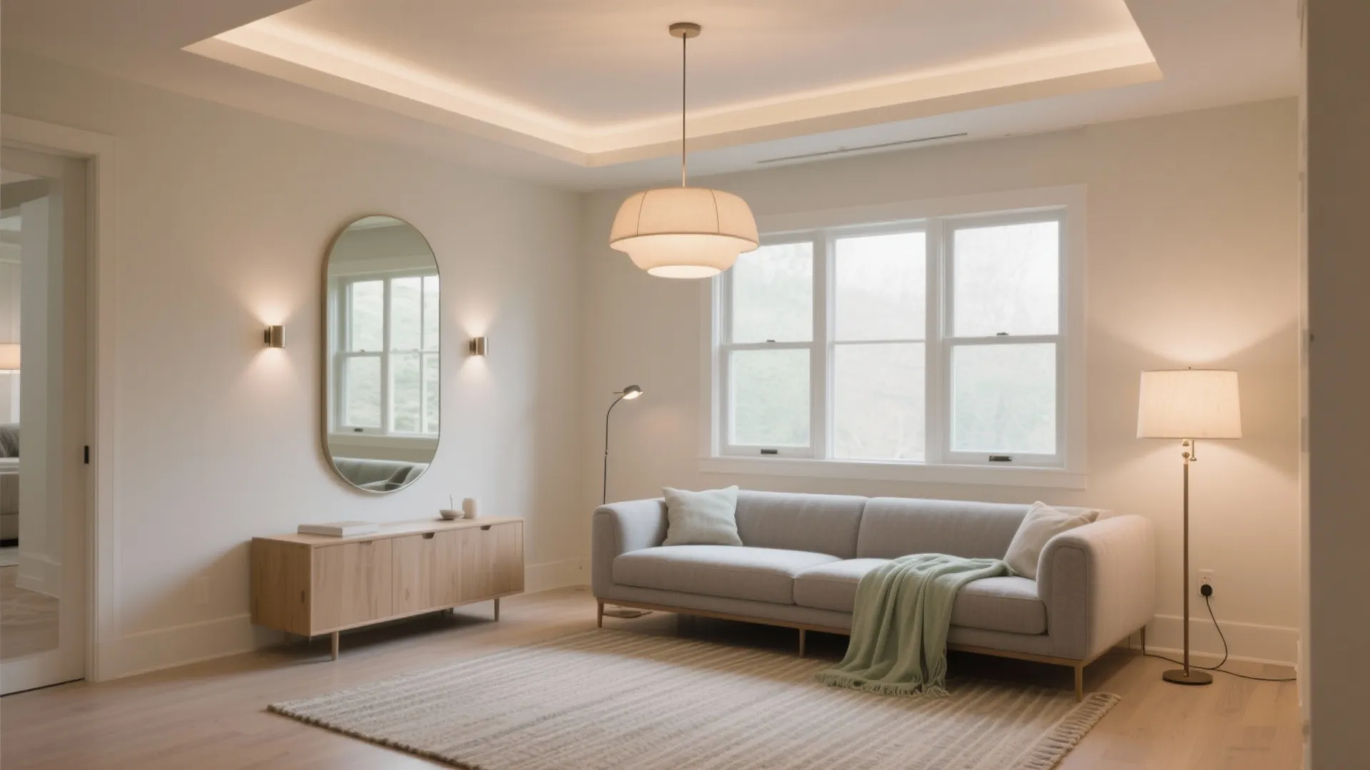 Minimalist living room with grey sofa wooden cabinet oval mirror wall light and floor lamp