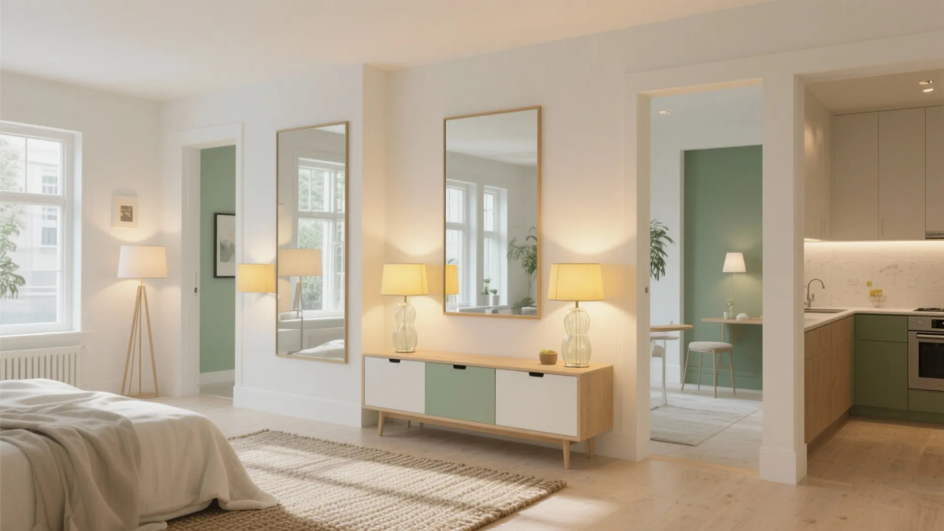Wide shot of a small shared room using mirrors, layered lighting, and neutral palette with accents to feel larger.