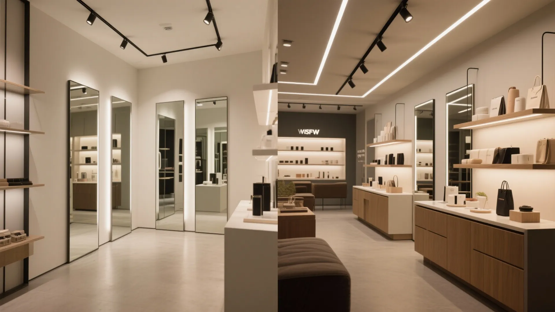 Before-and-after comparison showing how layered lighting and mirrors make a small retail space feel larger.