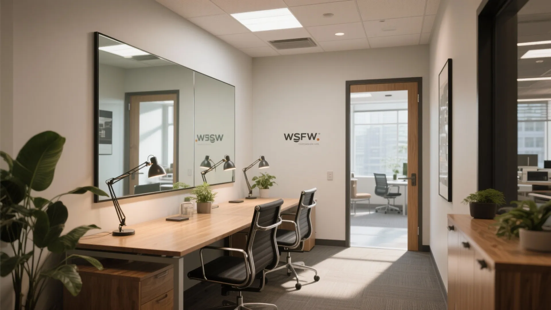 Small office using mirrors and task lighting to amplify natural light and maintain clear circulation paths.