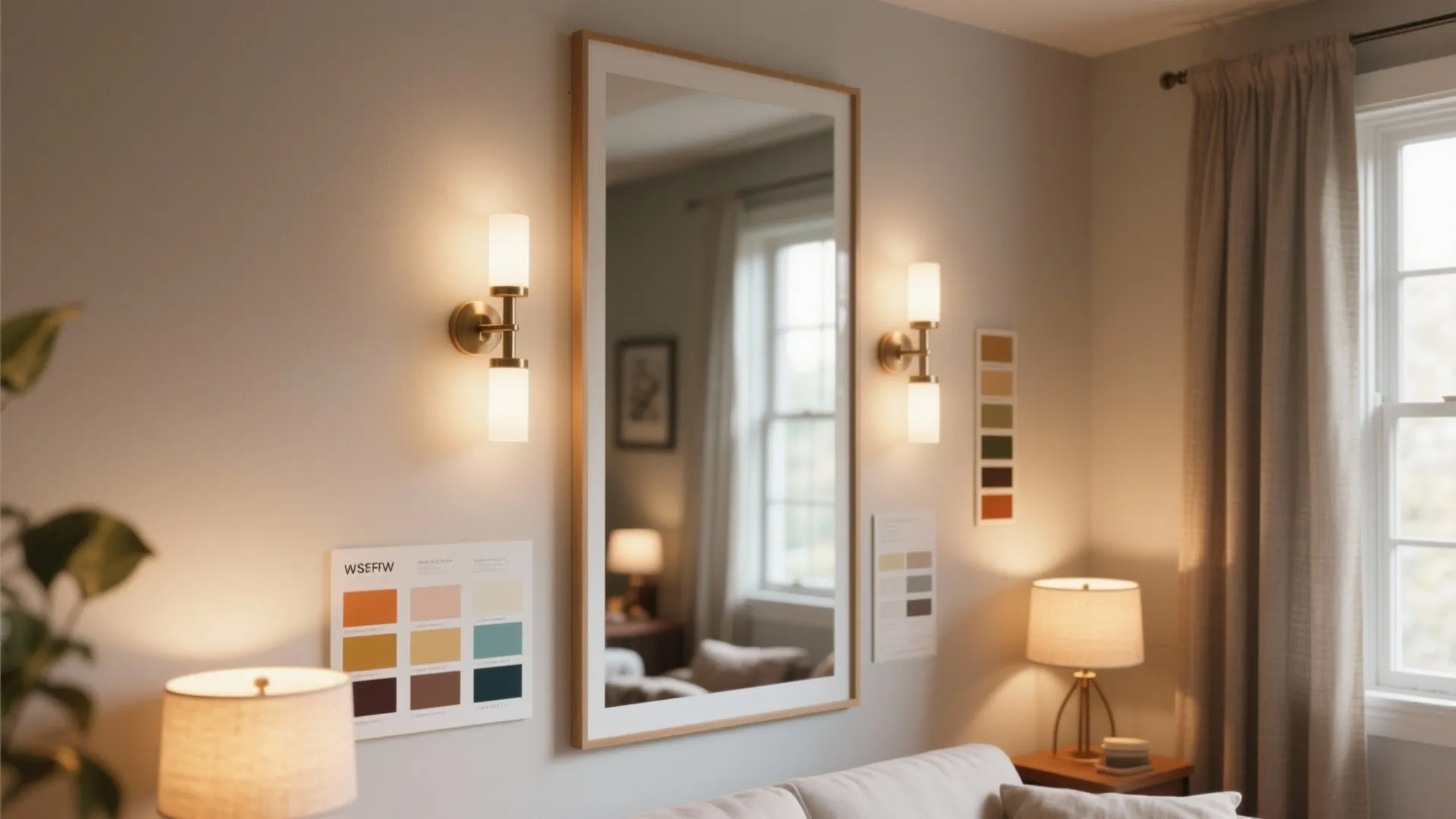 Vertical wall mirror between two gold wall lights with color swatches and a table lamp