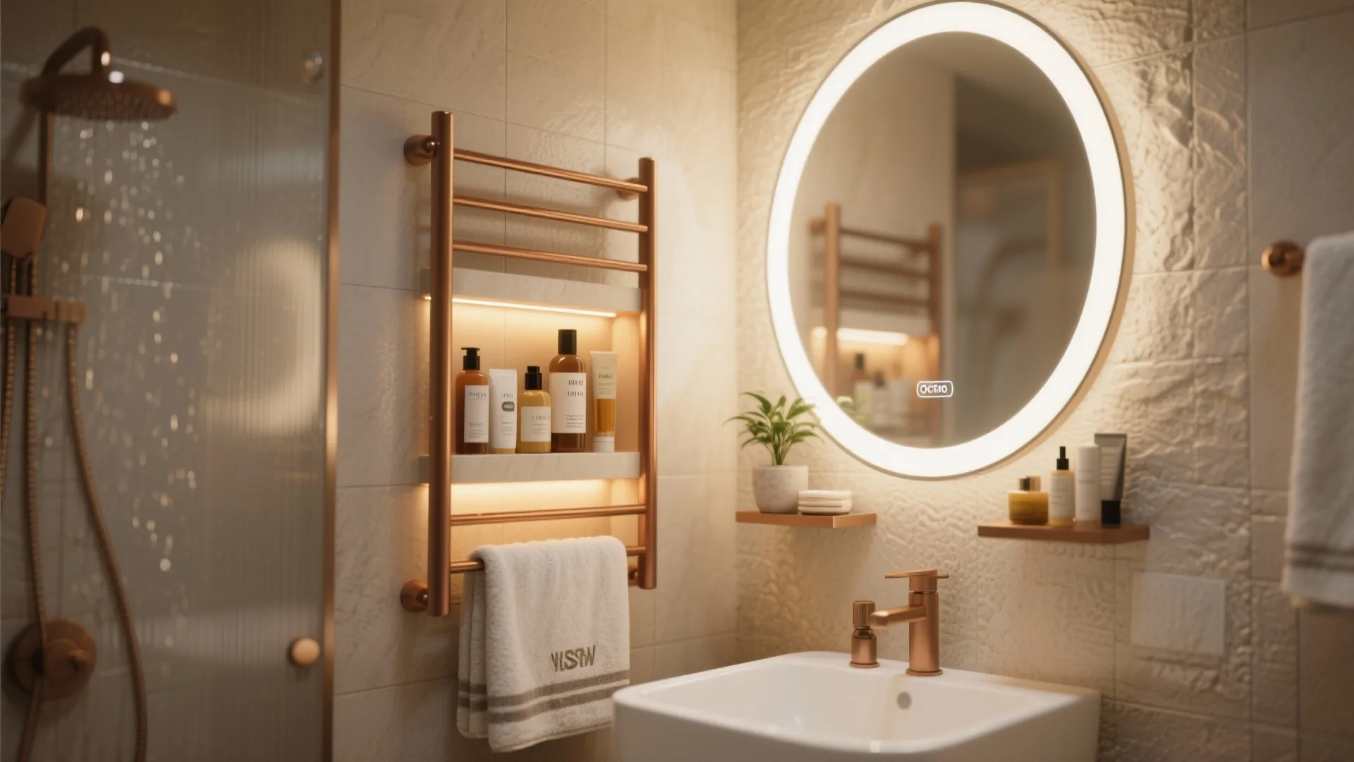 Bathroom vanity with round backlit mirror copper towel rack white sink and small green plant