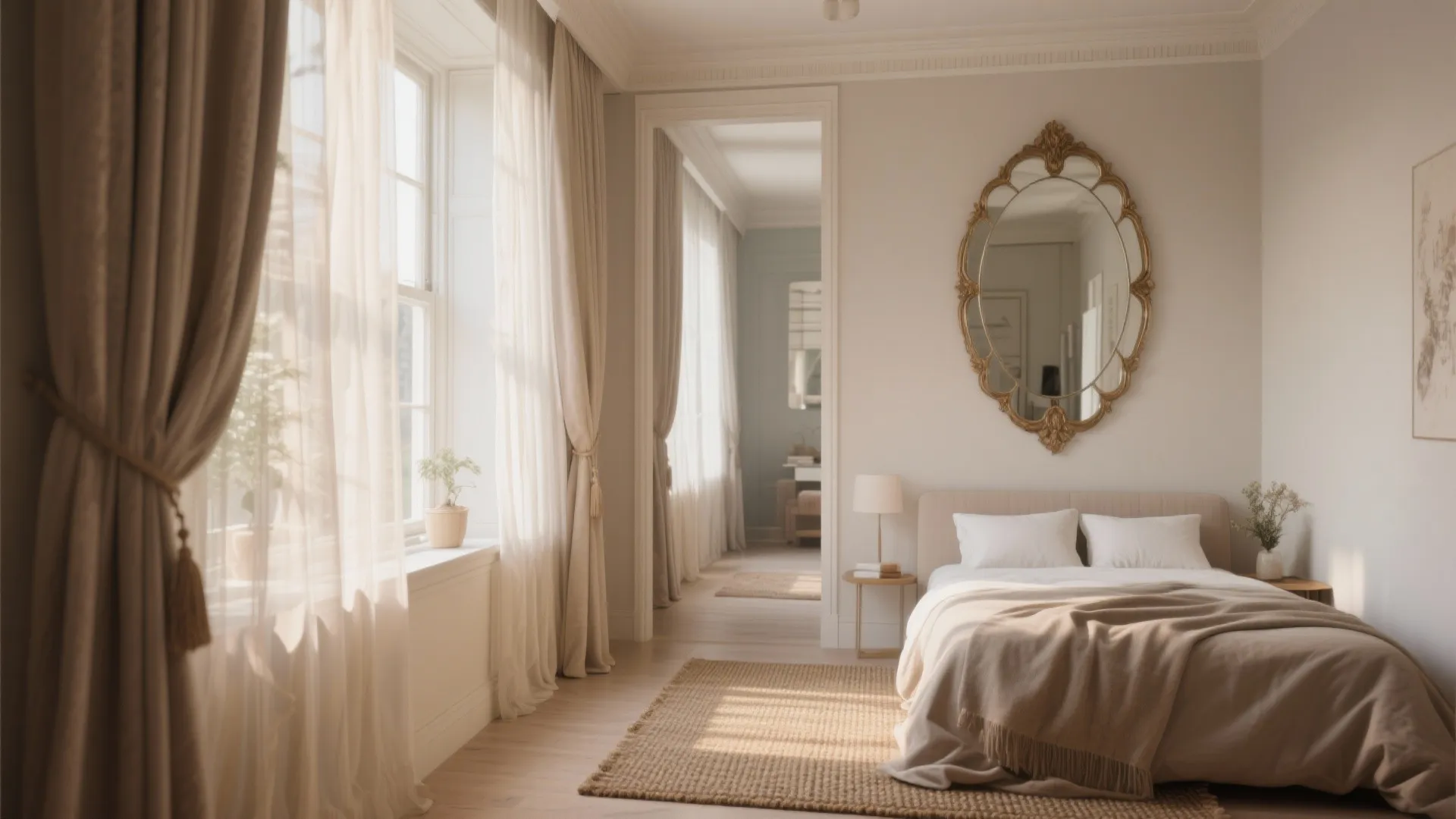 Bright bedroom interior design with beige bed oval wall mirror long curtains and natural light