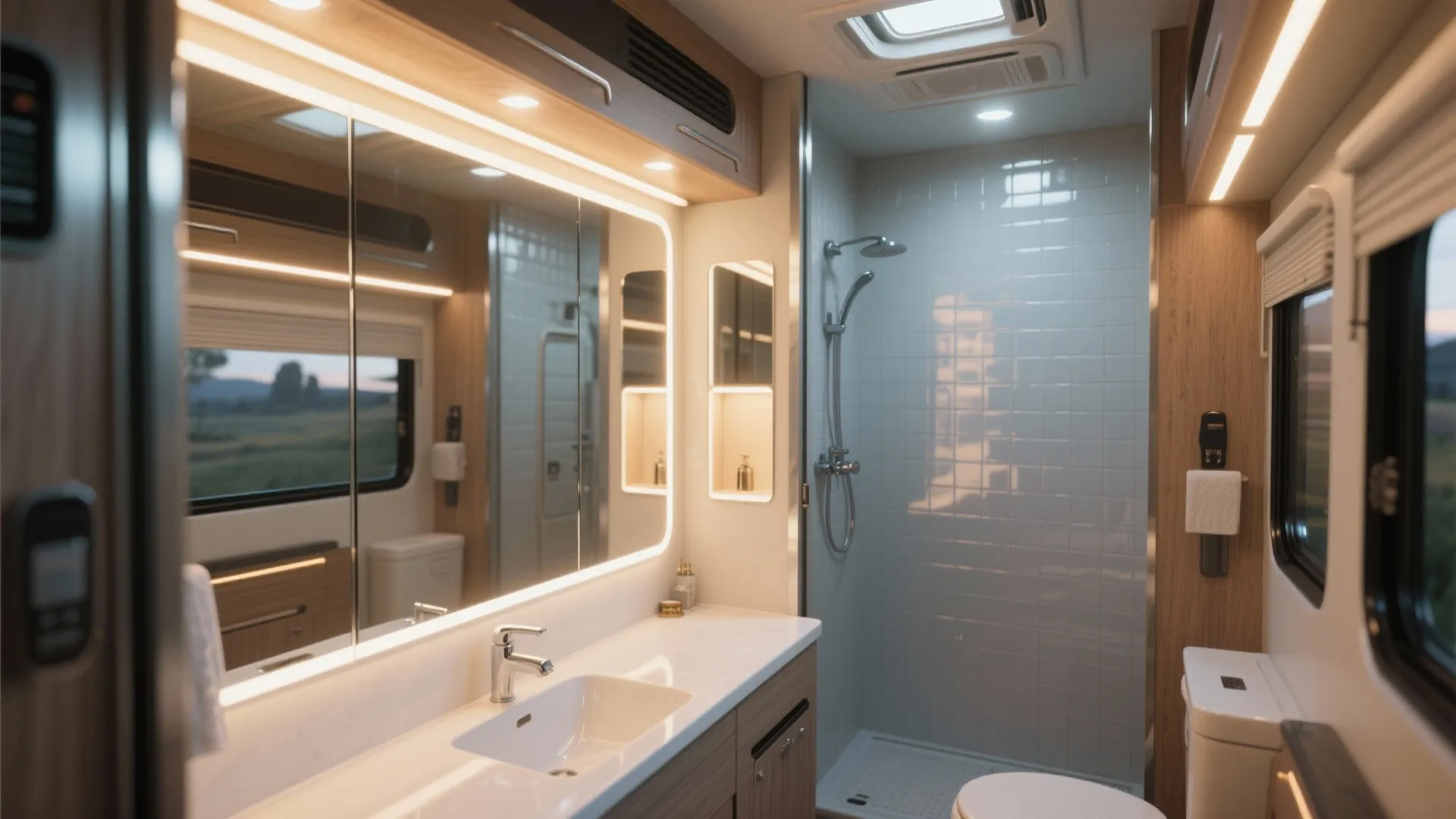 RV bathroom with full-width mirror and layered LED lighting creating visual space