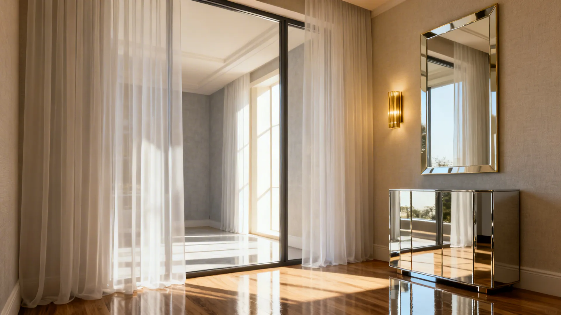 Bedroom with a large mirror opposite a window reflecting natural light and translucent curtains.