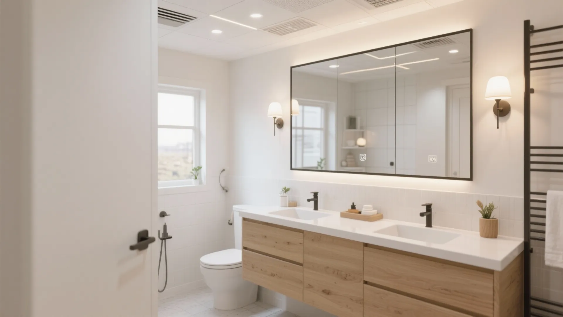 Small bathroom with large mirror and layered lighting