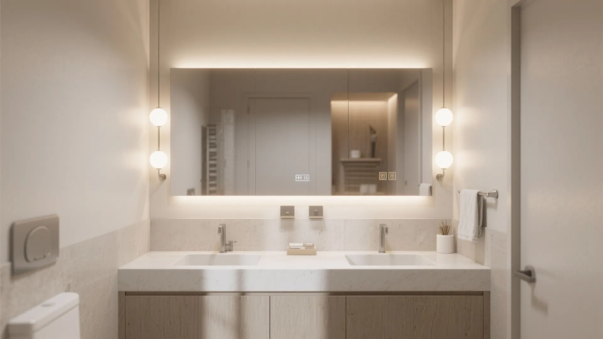Modern bathroom with double sinks wooden cabinet large lighted mirror wall lights and beige tile walls