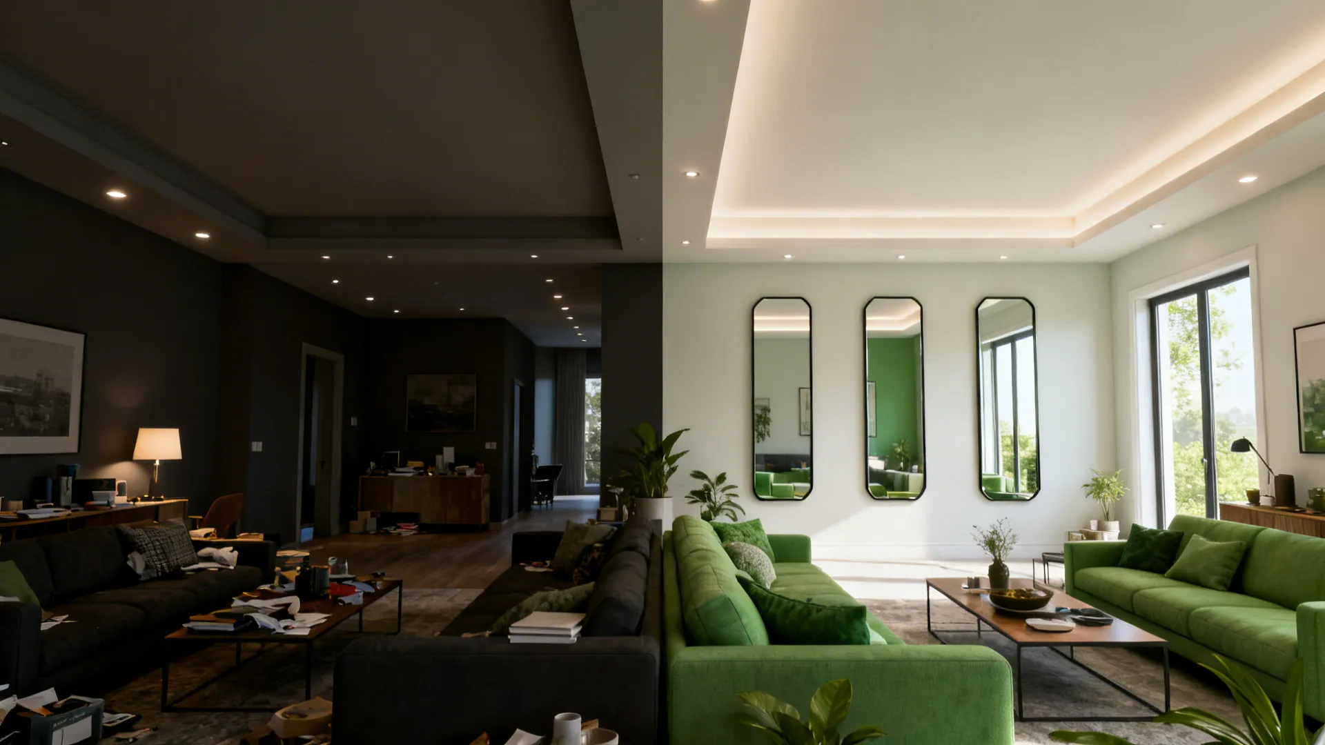 Comparison of dark messy living room and bright green room with mirrors and ceiling light