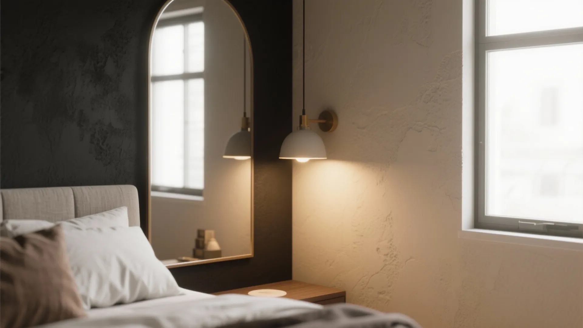 Close-up of a bedroom mirror reflecting daylight with layered lighting and a restrained neutral palette.