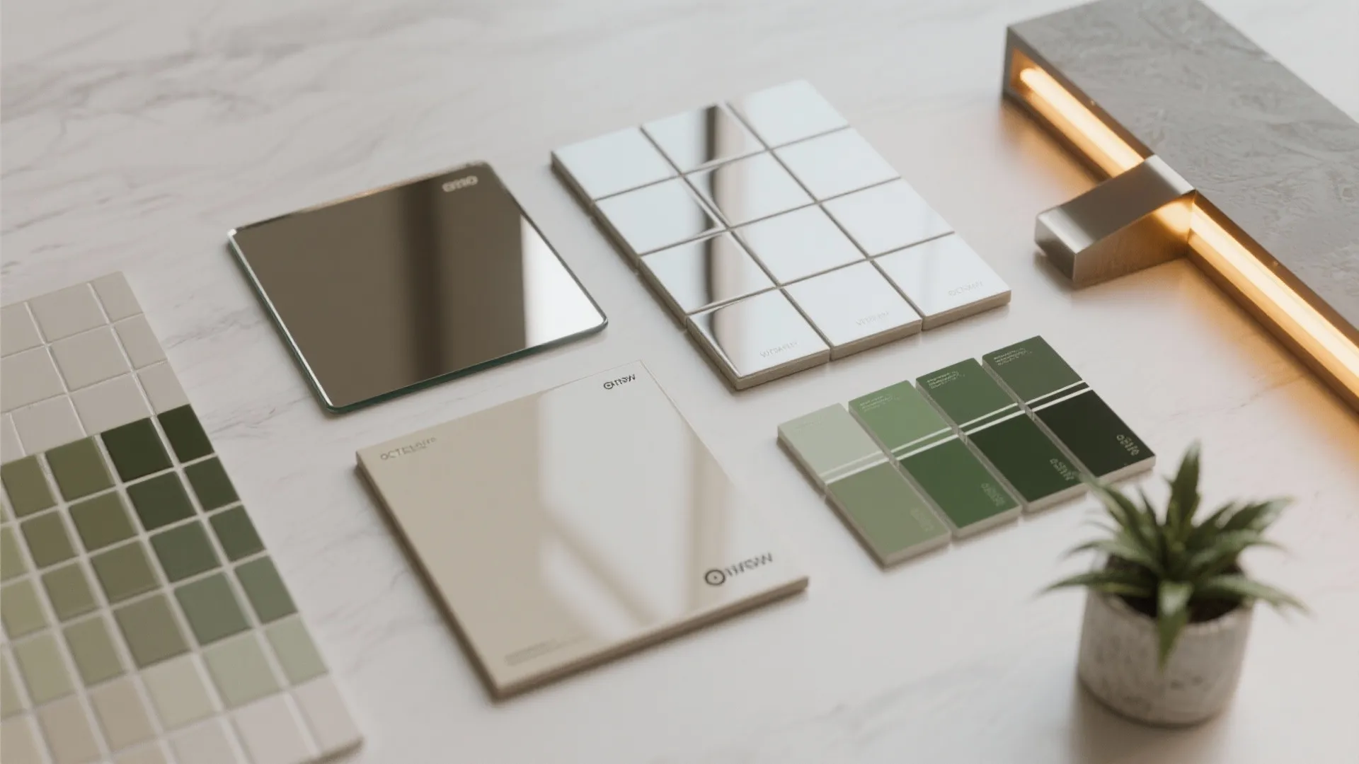 Flatlay of mirror, glossy tile and lighting samples to show using reflective surfaces to expand space.