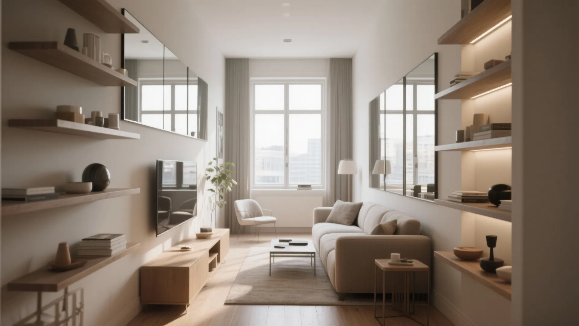Modern narrow living room with beige sofa large wall mirrors wooden shelves and a television