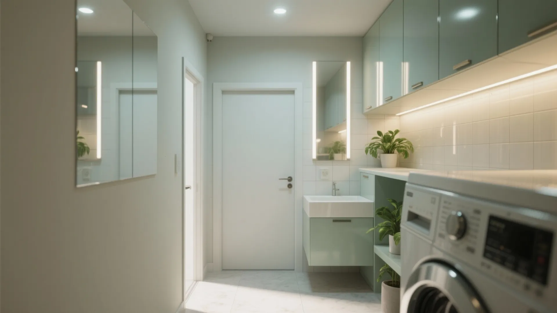 Modern laundry room featuring green cabinets a white sink lighted mirror and a washing machine