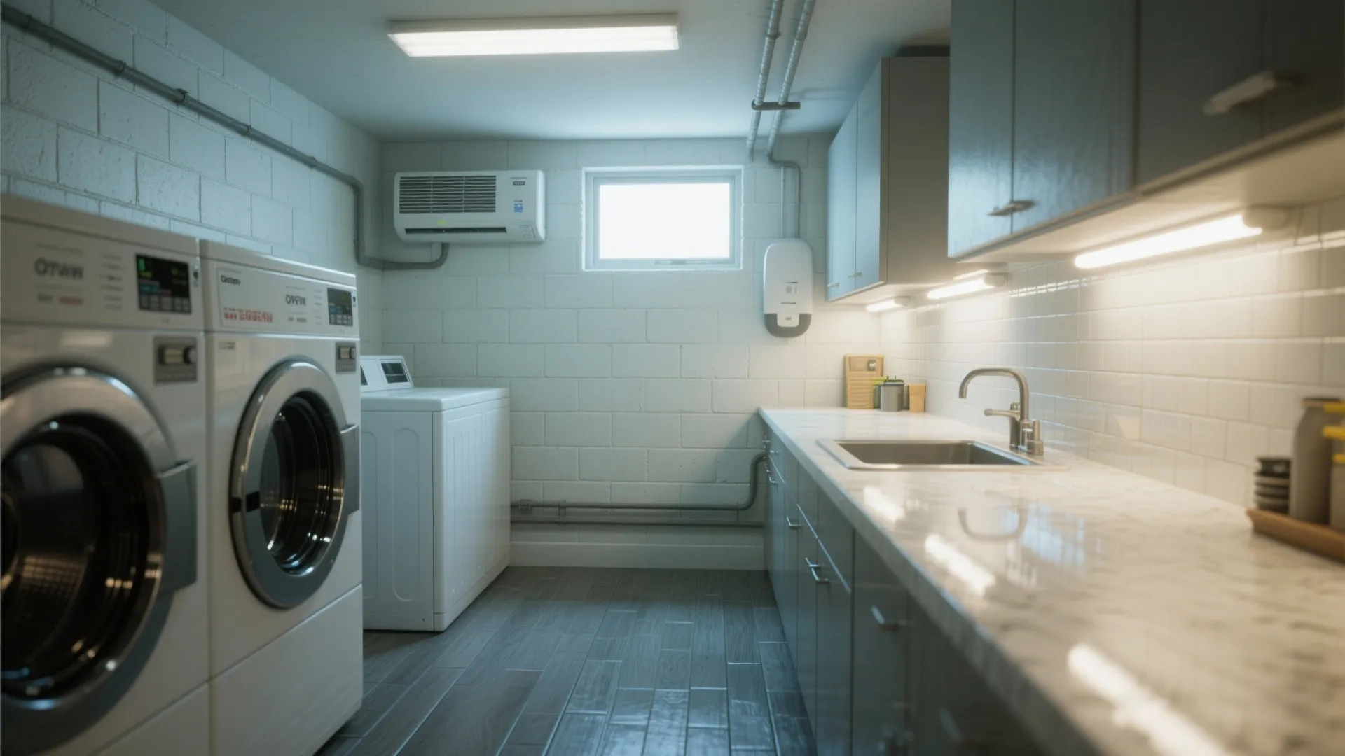 Bright basement laundry room featuring white brick walls washing machines and long marble counter top