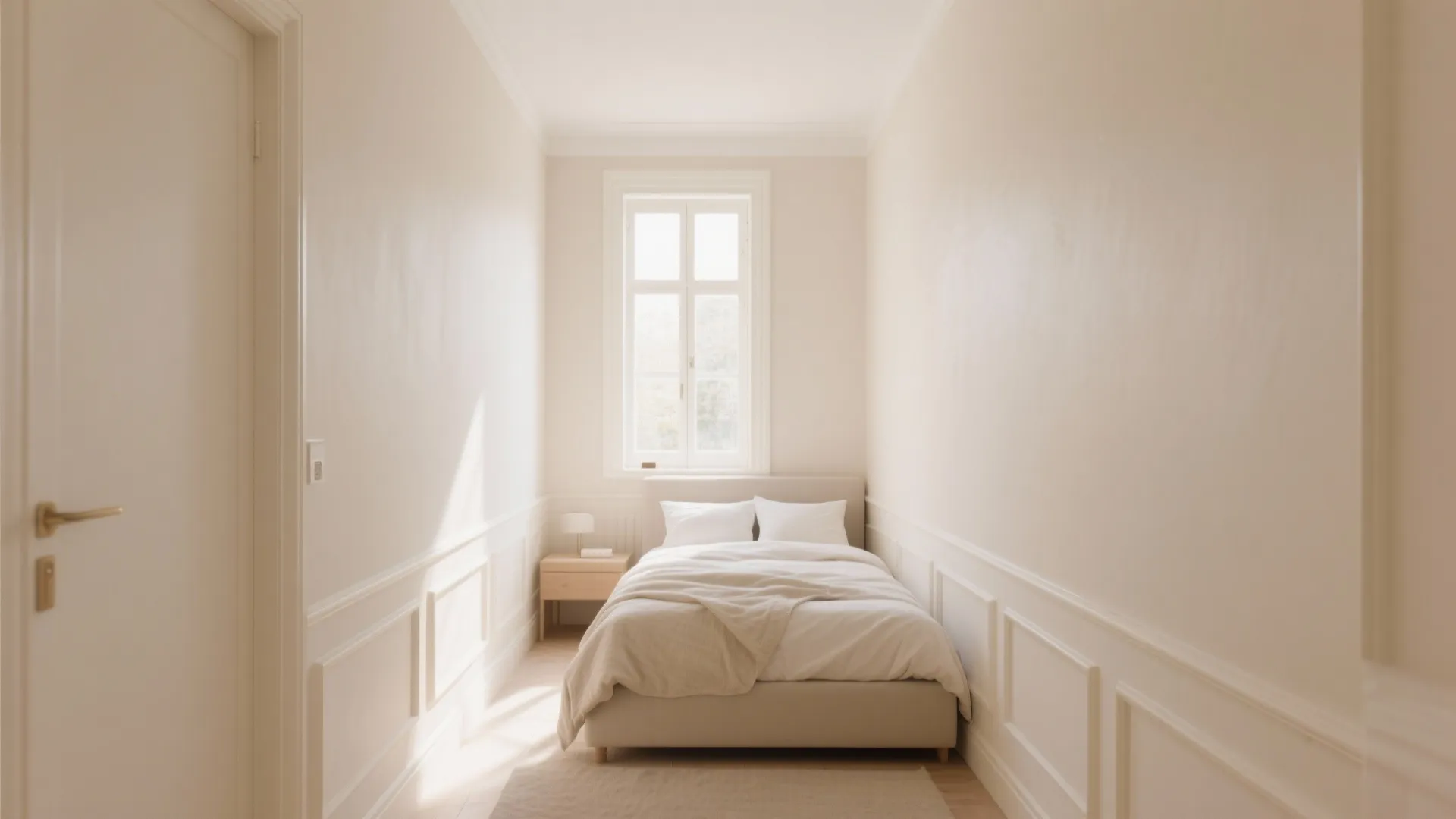 Narrow beige bedroom with wall panels, centered bed, small side table, and a bright window