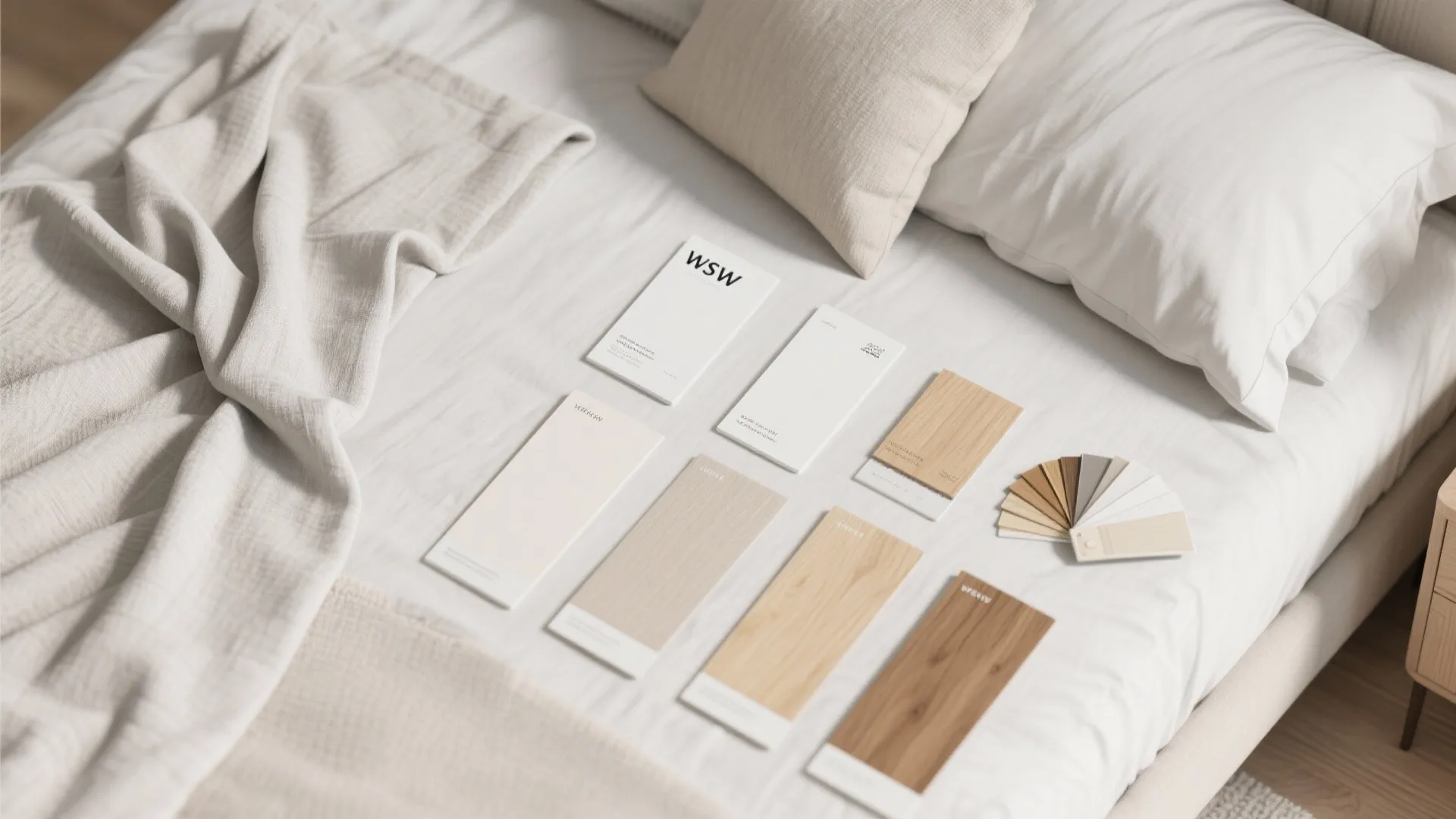 Interior design material samples and color swatches placed on a white bed with soft pillows