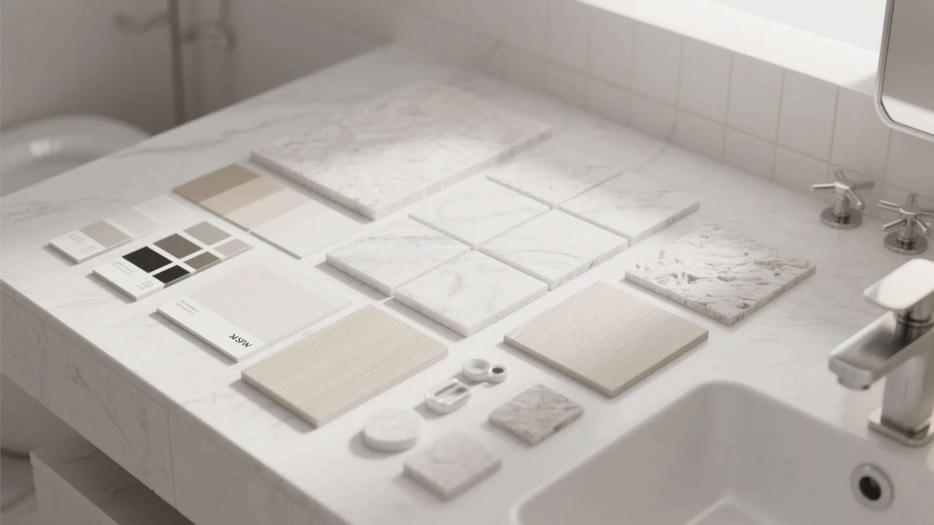 Bathroom design material board with marble tiles and wood samples arranged on a white counter