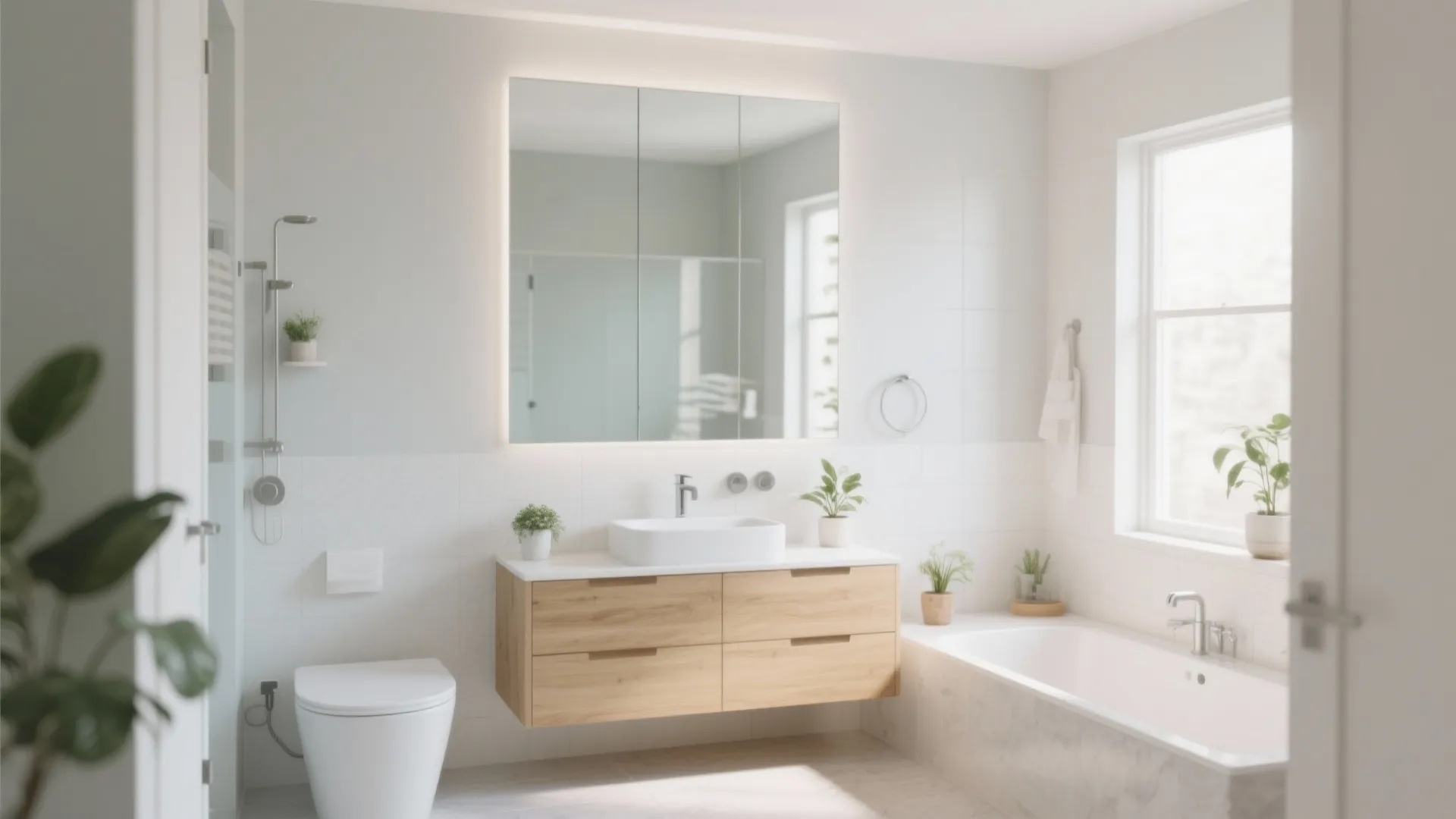 Bright bathroom with white bathtub wooden cabinet large mirror green plants and clean white walls