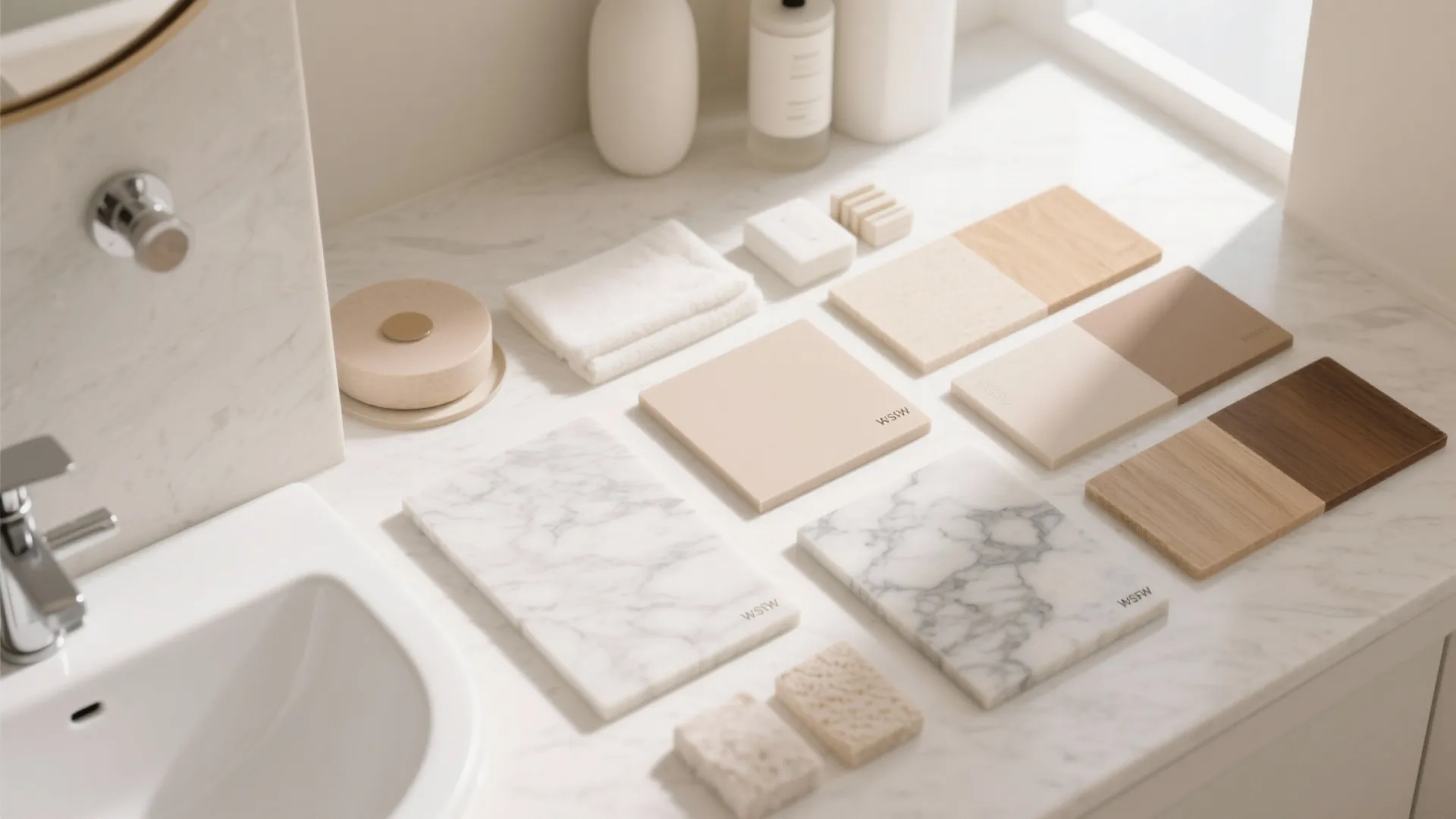 Interior design material samples including marble wood and beige tiles on a clean white bathroom counter