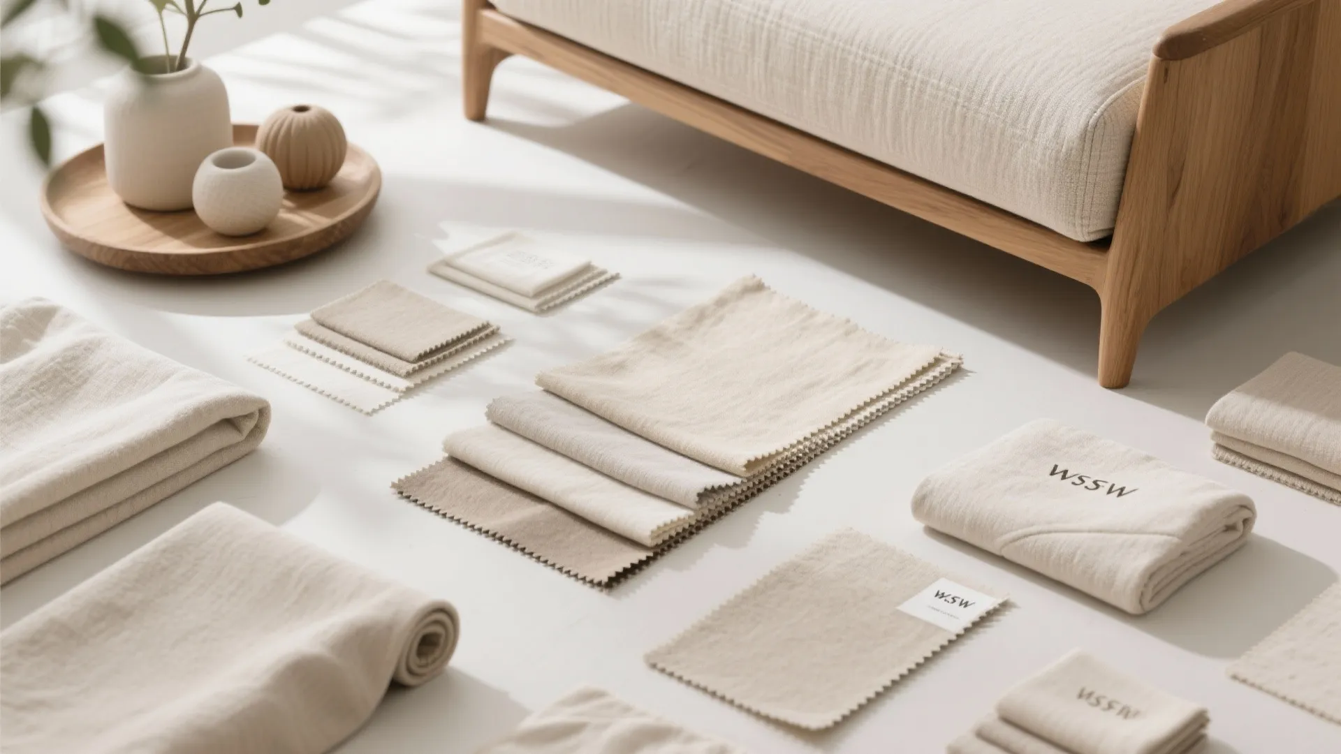 Collection of neutral fabric samples and folded towels on white floor near wooden sofa base