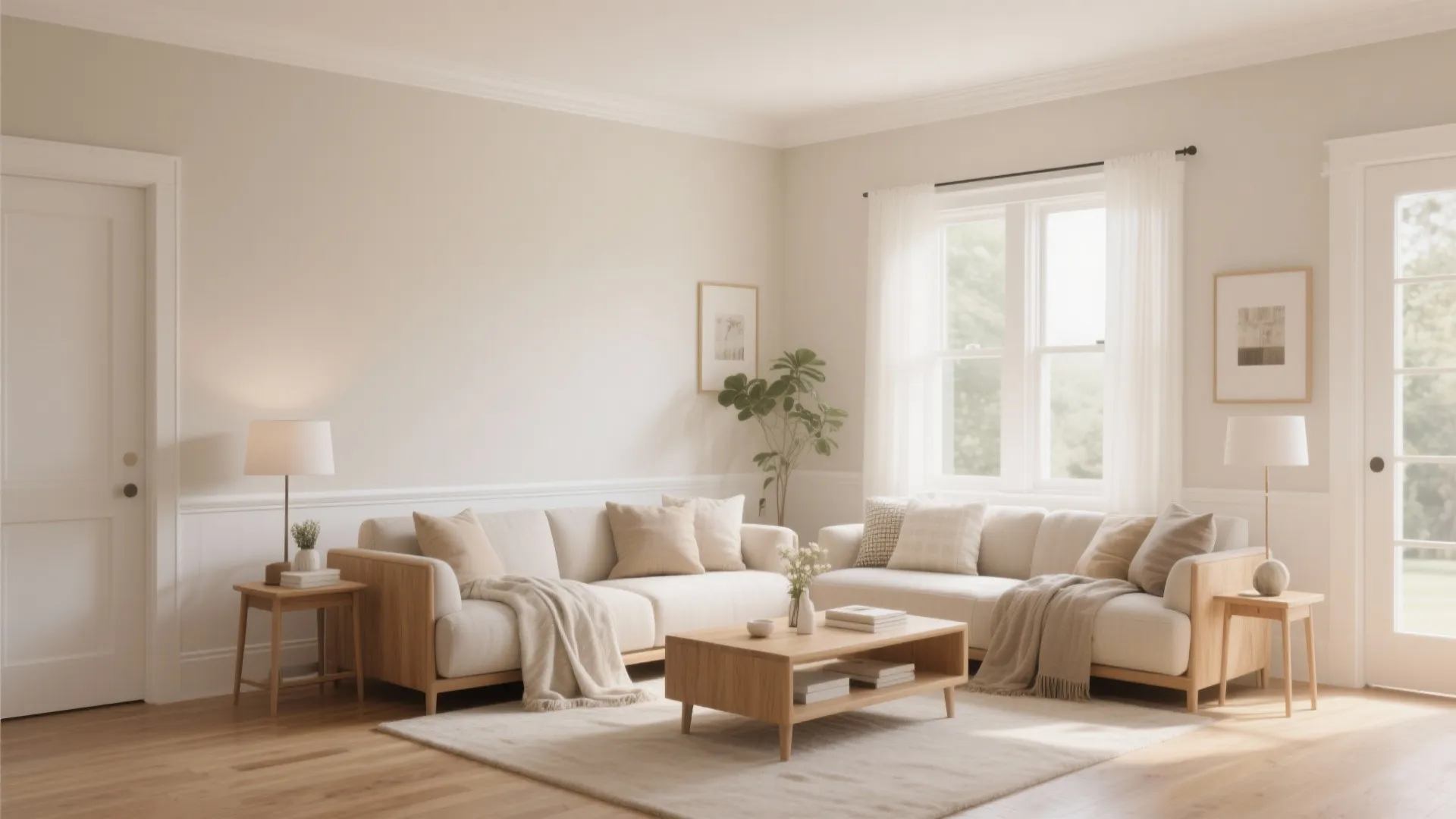 Bright neutral living room with two beige sofas wooden coffee table large windows and green plant