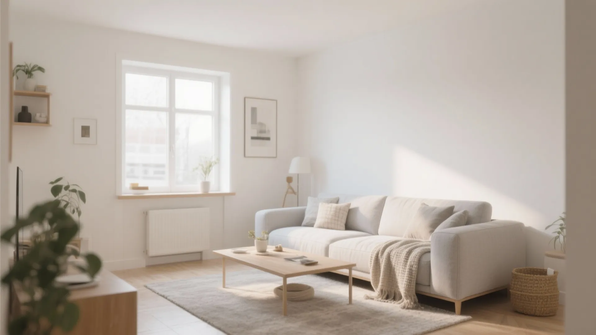 Bright living room with white sofa wooden coffee table large window and light brown rug design