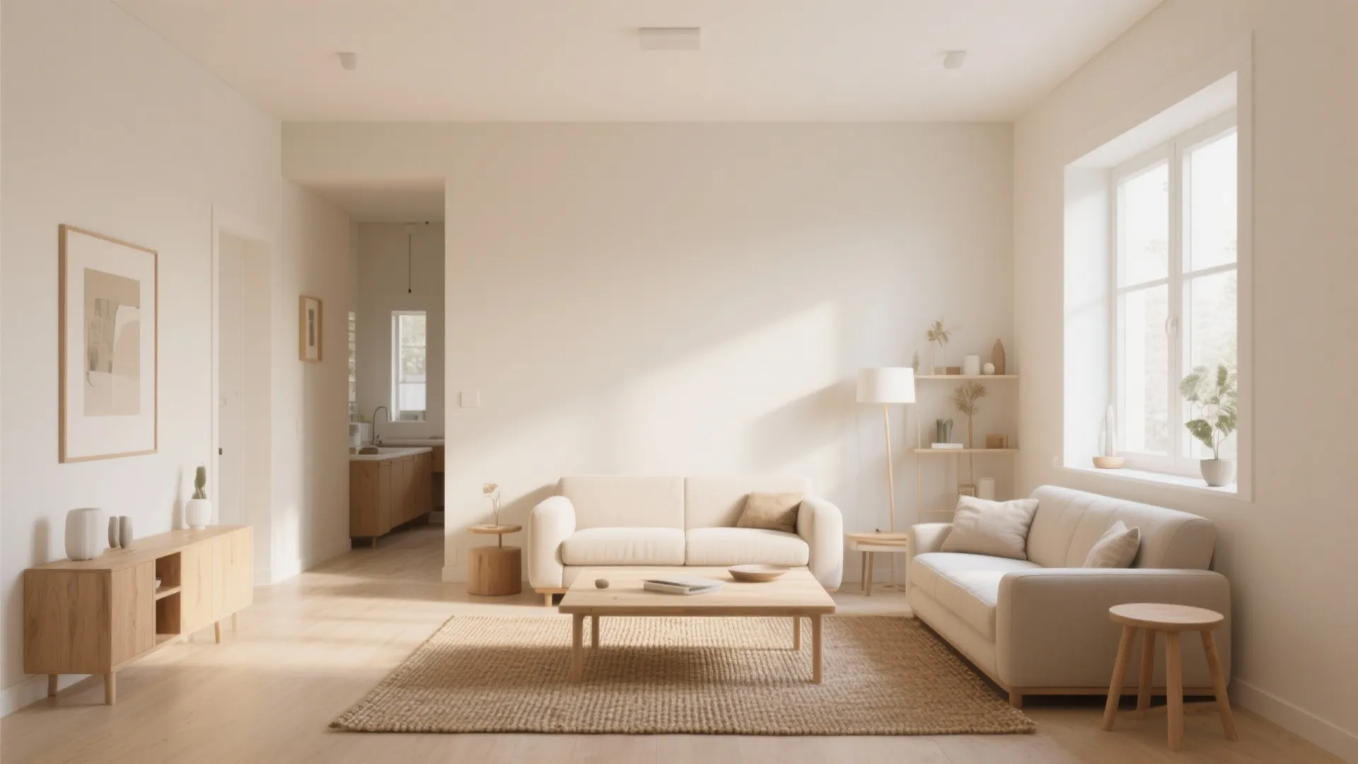 Bright minimal living room with beige sofas wooden coffee table large window and light wood cabinet