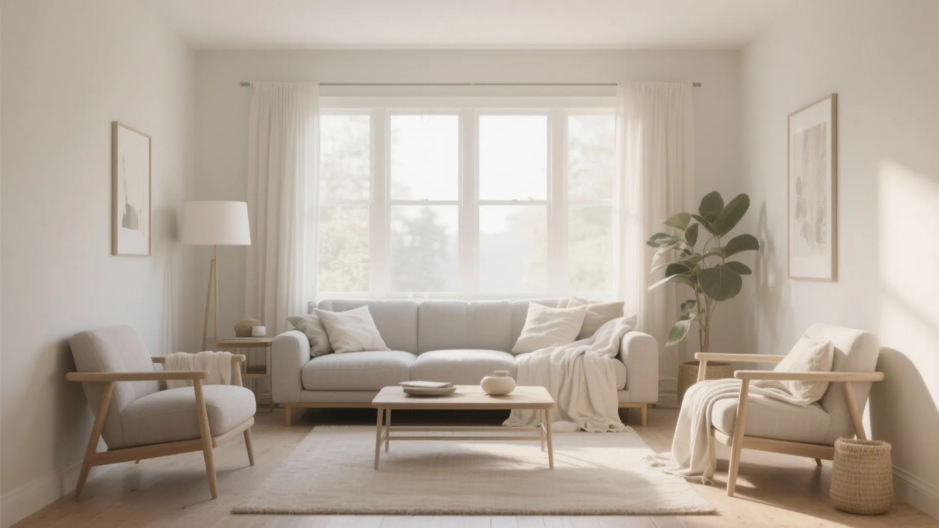 Bright minimalist living room with white sofa two wooden chairs large window and floor lamp