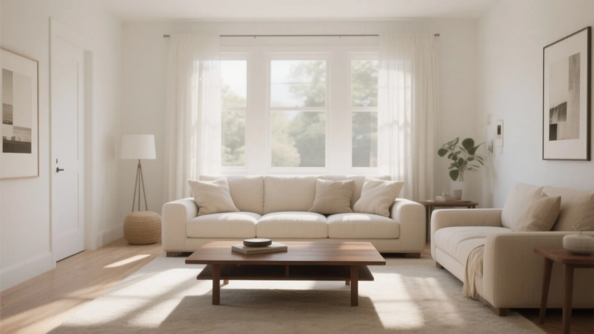Bright white living room with beige sofas wooden coffee table large windows and soft natural light