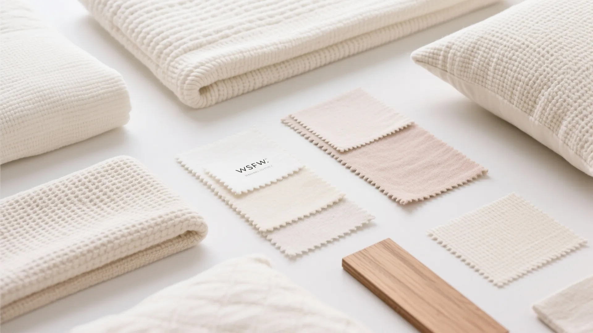 Selection of light neutral fabric swatches and textured textiles arranged on a clean white surface