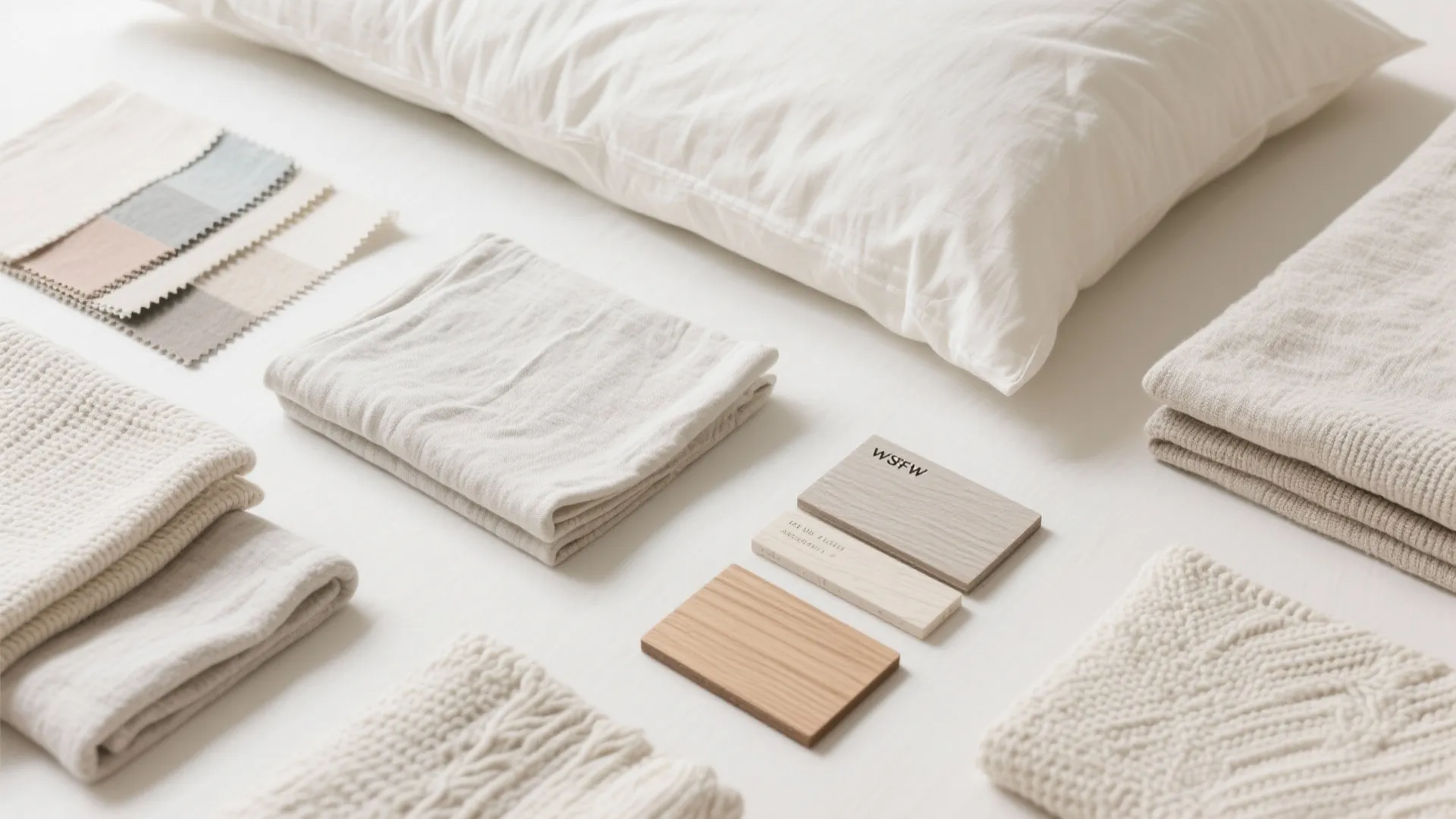 Collection of neutral color fabric swatches wood samples and white pillow on a plain surface