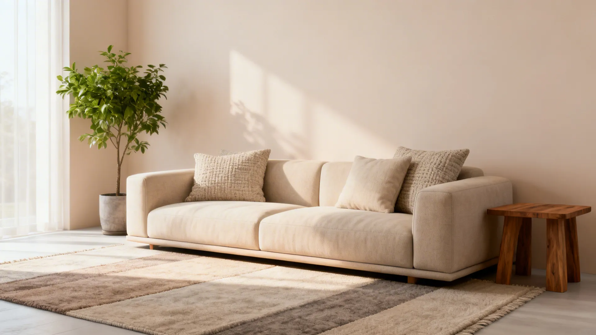 Living room with light neutral palette, low-profile sofa, textured rugs and wooden accents.
