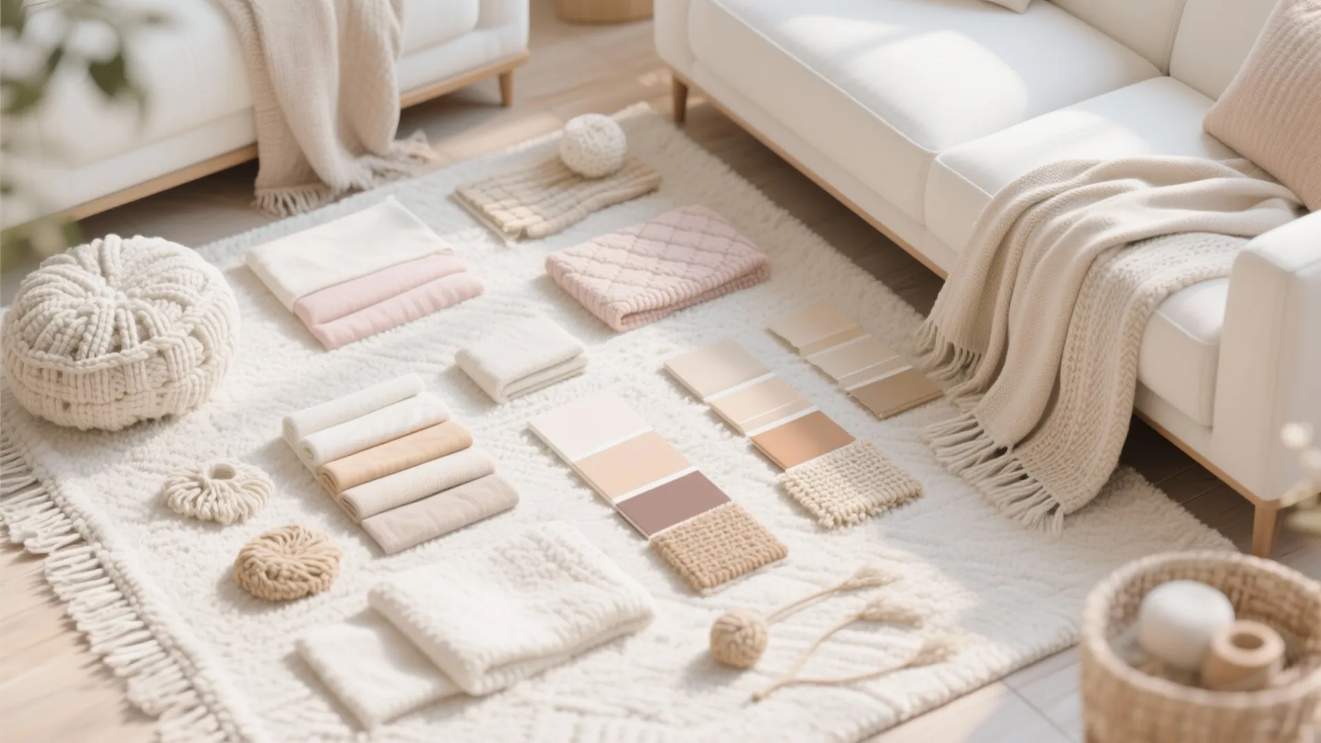 Soft beige color palette with fabric samples and texture swatches on a white living room rug
