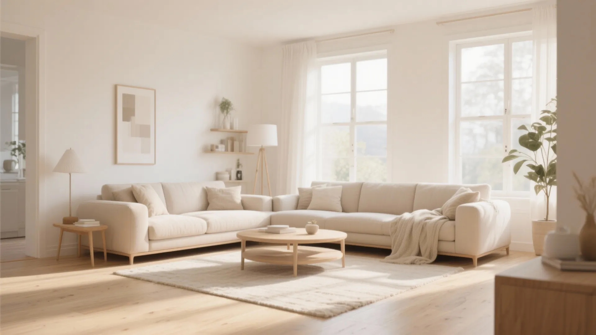 Bright living room in light beige and warm white tones