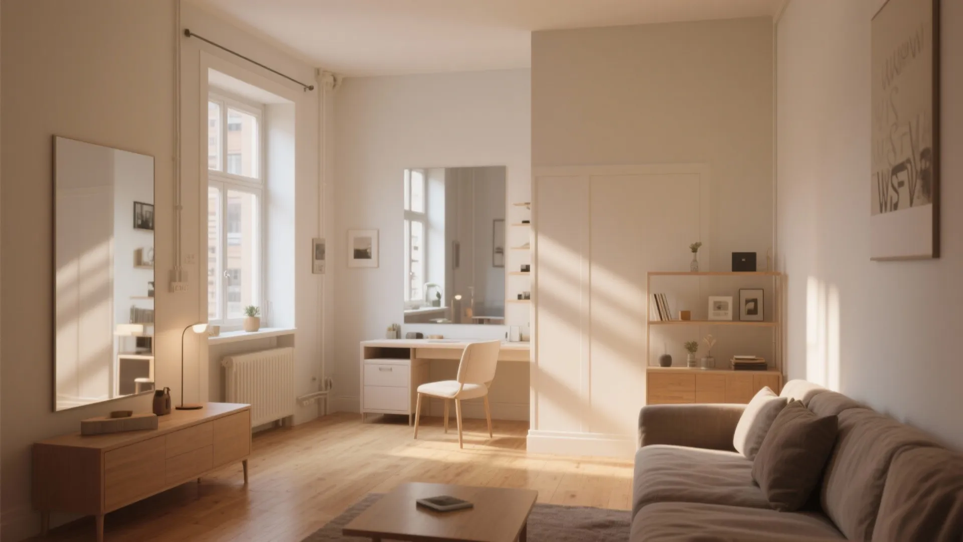 Small studio with light warm neutral walls and natural light making the room feel larger.