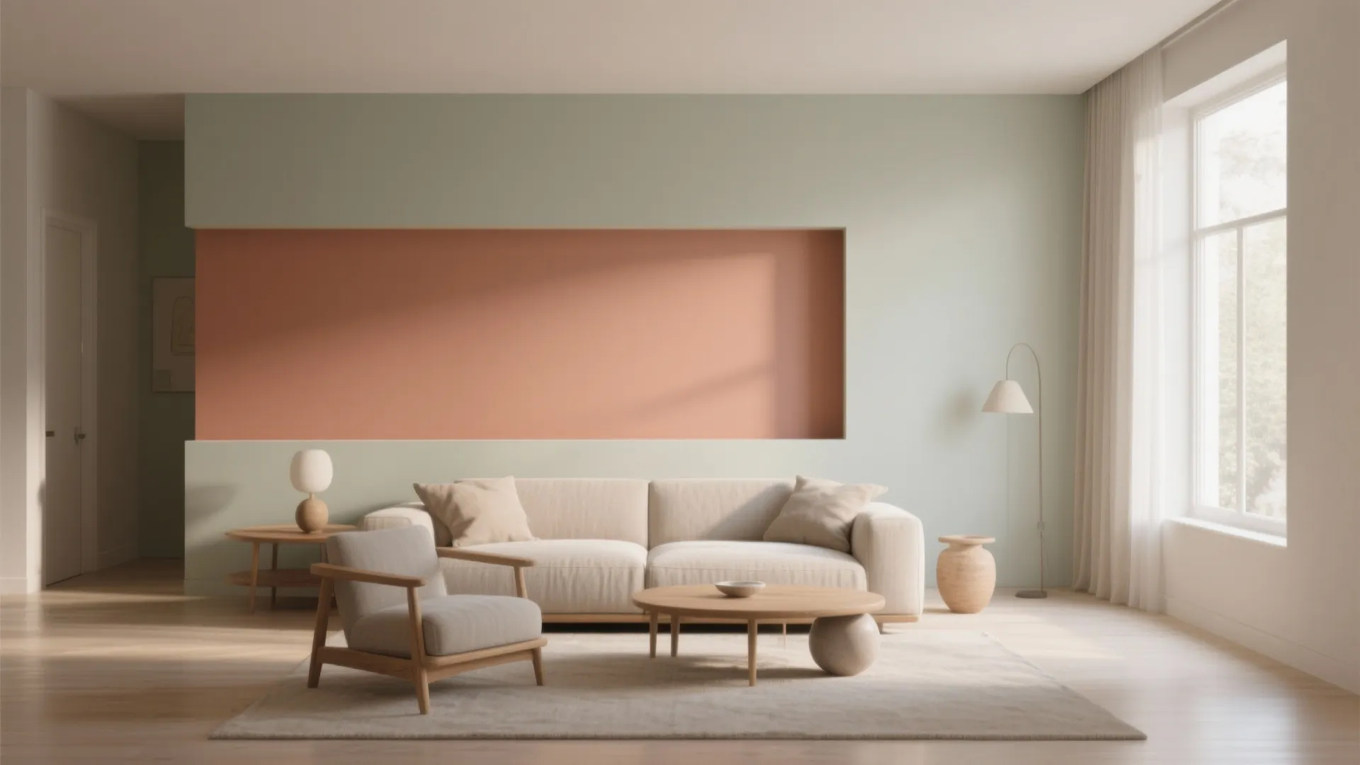 Minimalist living room with beige sofa wooden coffee table green walls and orange accent wall