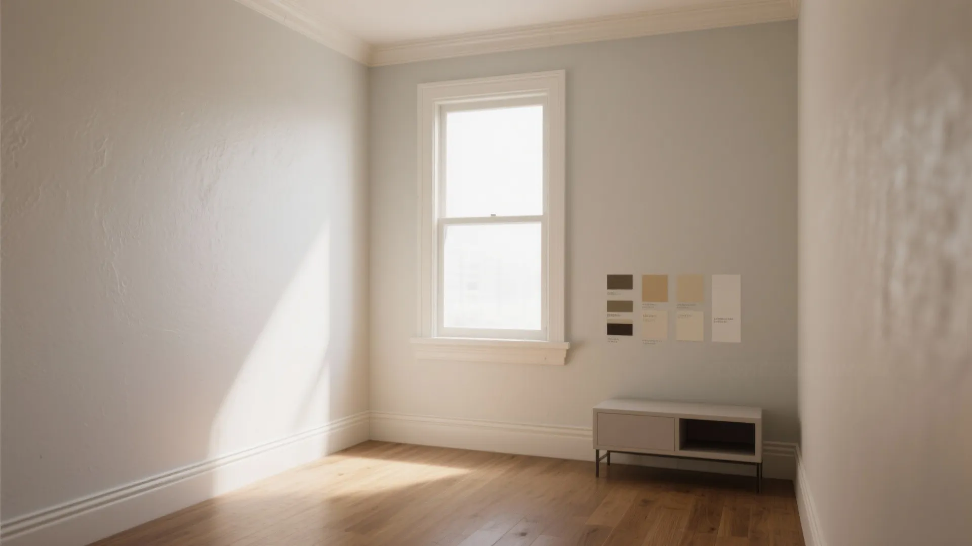 Empty bright room with white walls wooden floor single window and neutral color paint samples