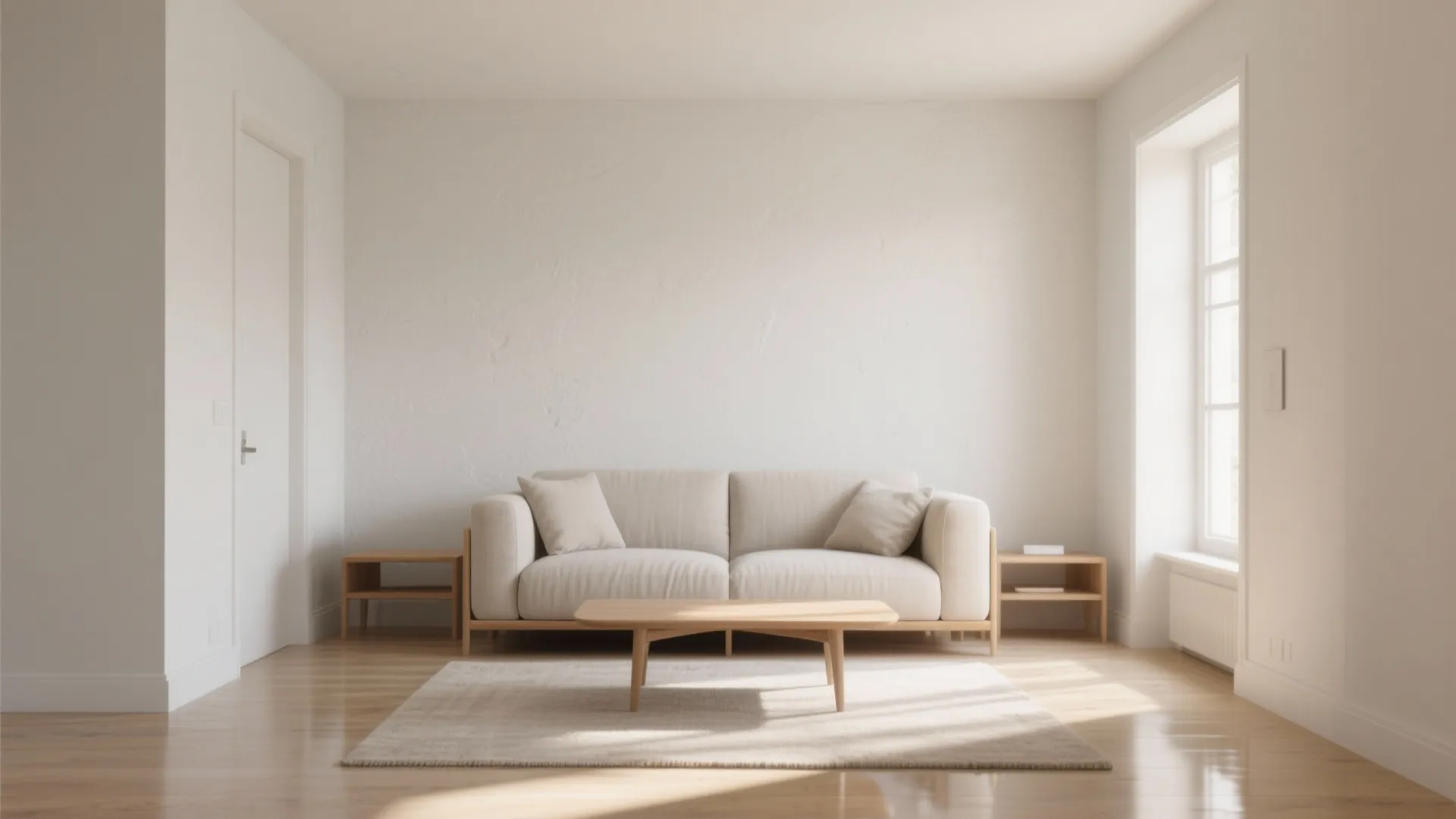 Minimalist living room with beige sofa wooden coffee table white walls and natural window light