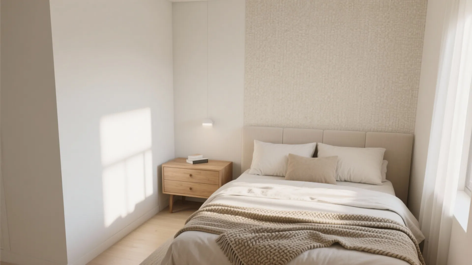 Compact bedroom with light neutral walls and textured textiles creating an airy feel.