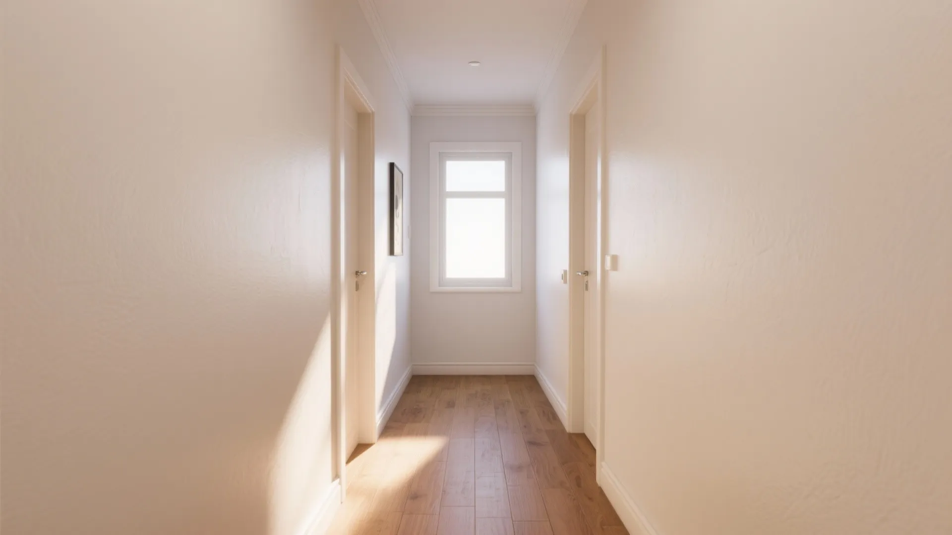 Narrow hallway with white walls and wooden floor leading toward a small window with light