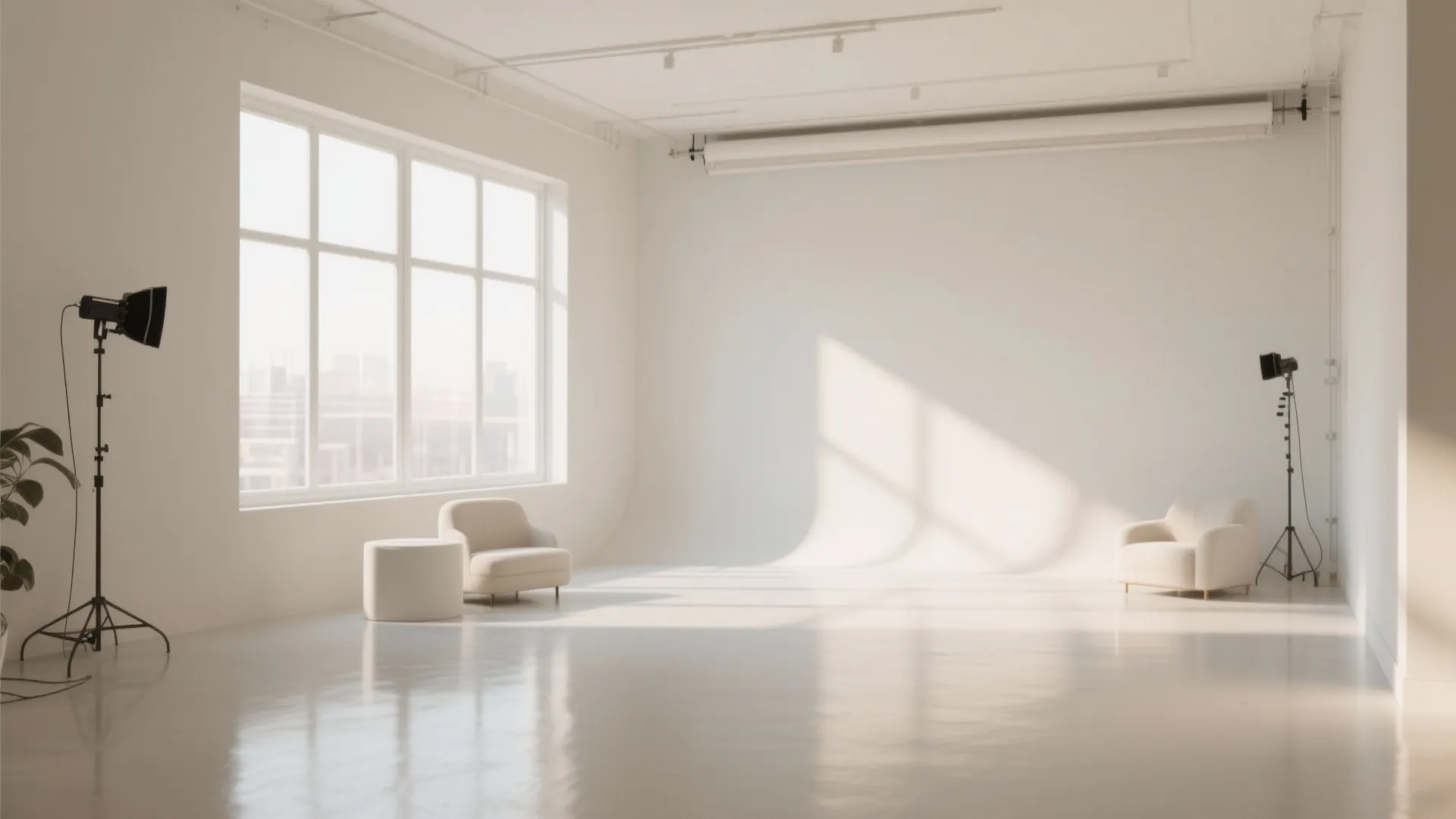 Minimalist white studio with two soft chairs and large windows and bright natural light and fixtures