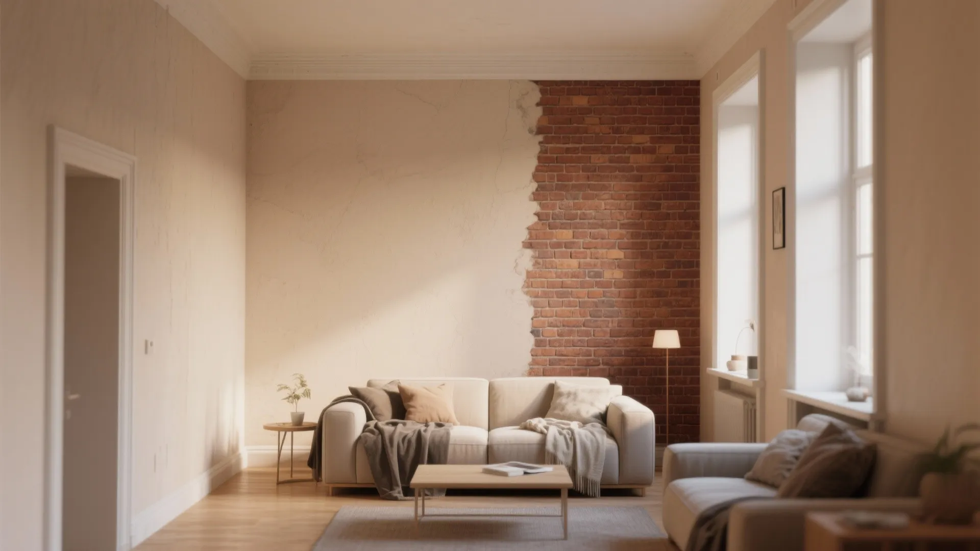 Modern living room featuring beige sofa wooden coffee table and wall with exposed red brick section