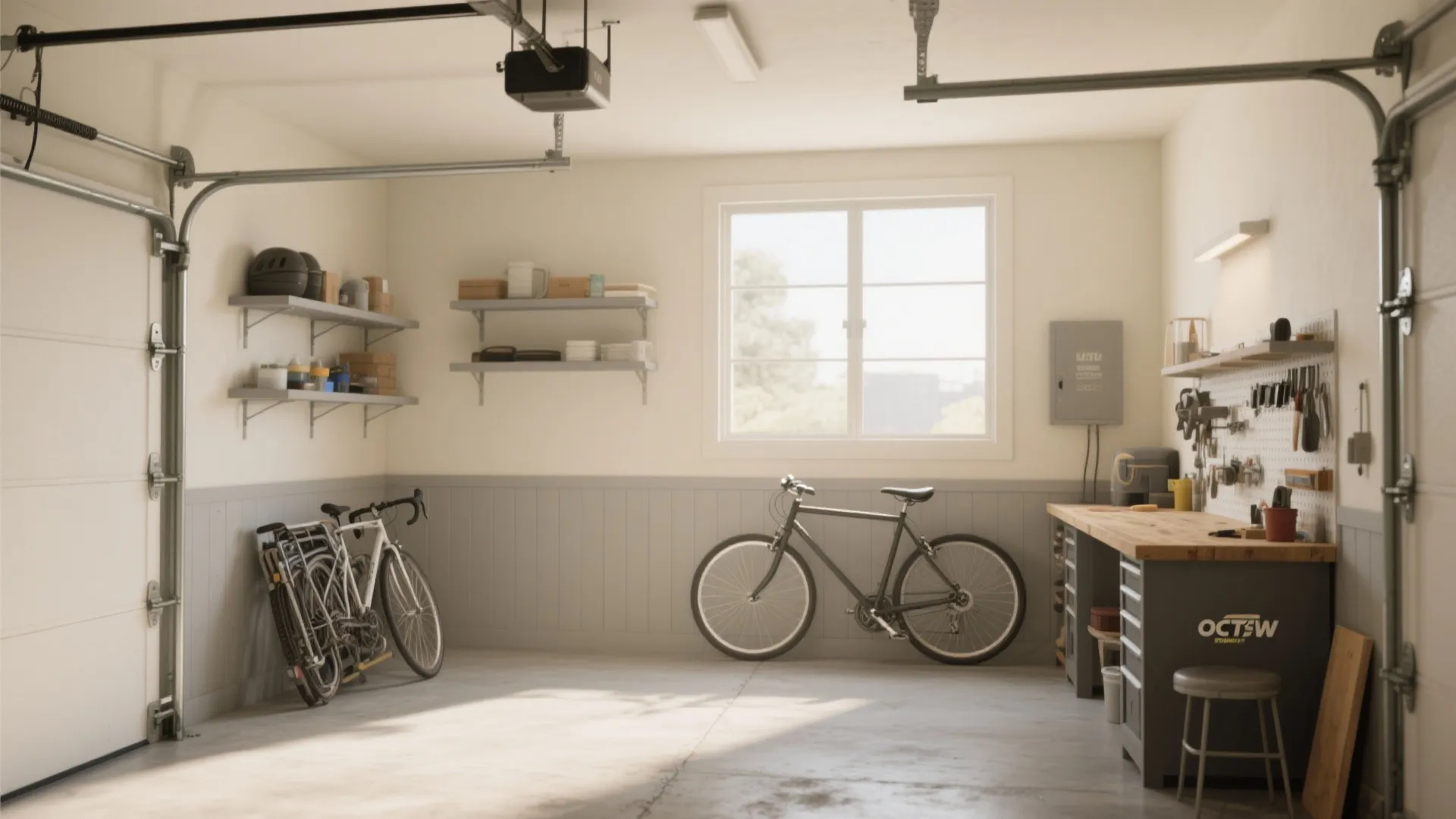 Small garage interior painted in warm off-white and soft grey, appearing larger and brighter with washable lower walls.