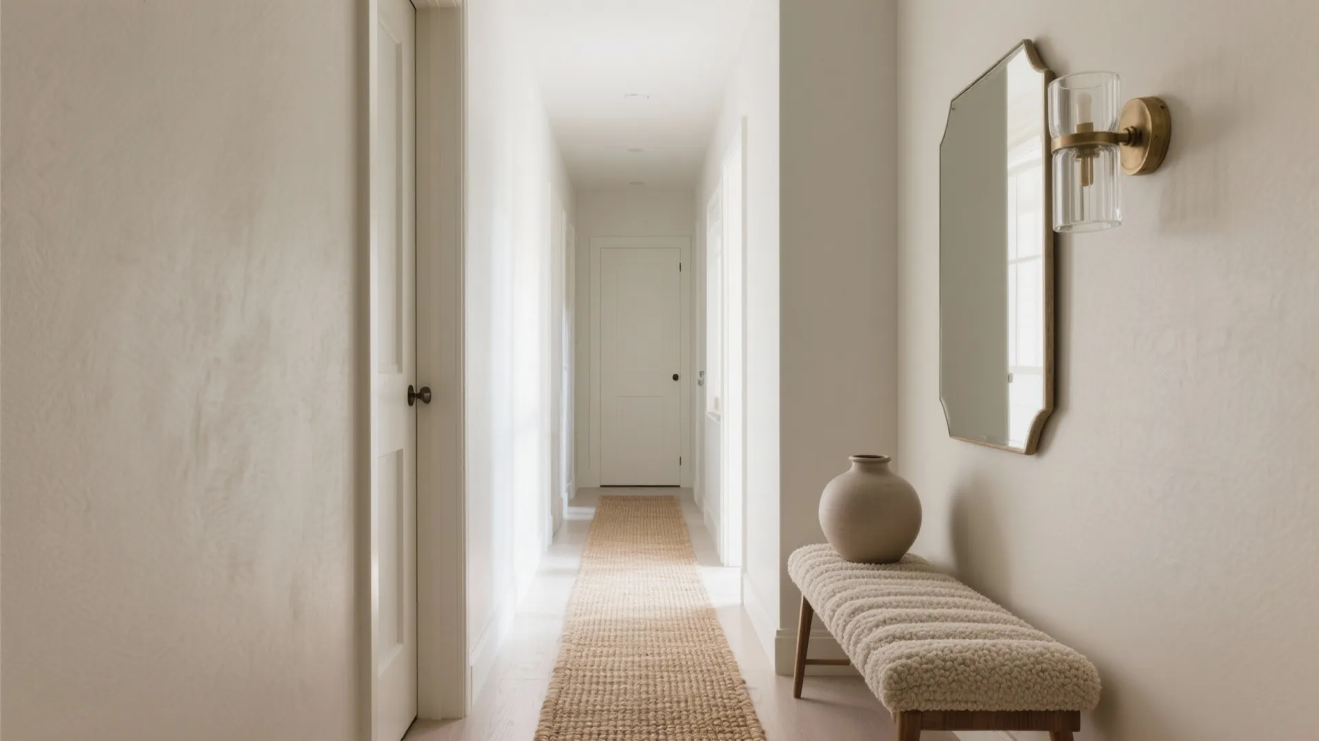 Minimalist white hallway featuring a long woven rug soft bench wall mirror and wall light